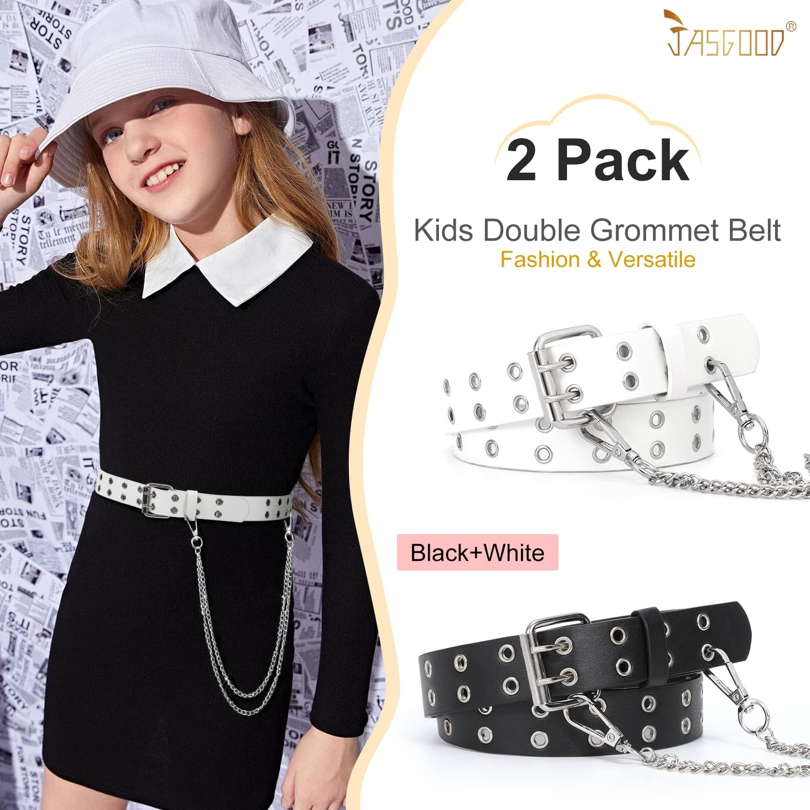 JASGOOD 2 Pack Kids Double Grommet Belt for Girls and Boys, PU Leather Kids Double Studded Holes Belt for Jeans Pants