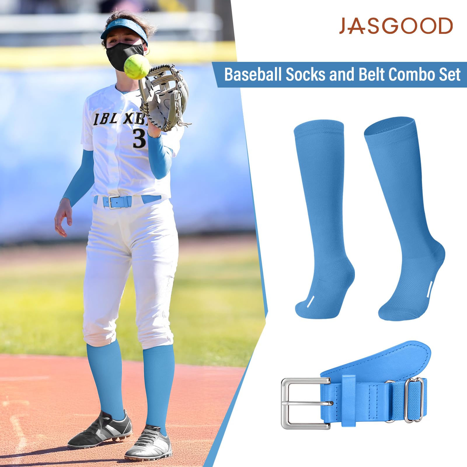JASGOOD Baseball Softball Socks and Belt Combo Set Breathable Soccer Football Socks for Adult and Youth