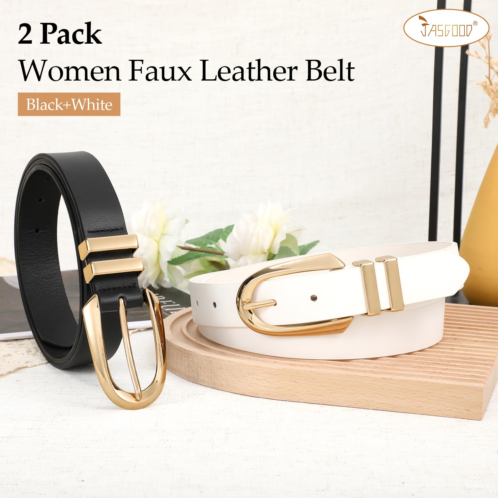 JASGOOD Women Leather Belt Fashion Waist Belt for Pants Jean Ladies Faux Leather Dress belt with Gold/Silver Buckle 2 Pack