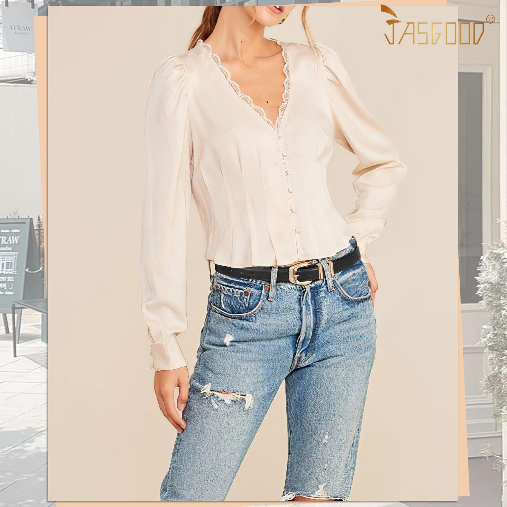 JASGOOD Women Leather Belt with Gold Buckle Plus Size Belt for Jeans Pants PU Leather Waist Belt for Ladies