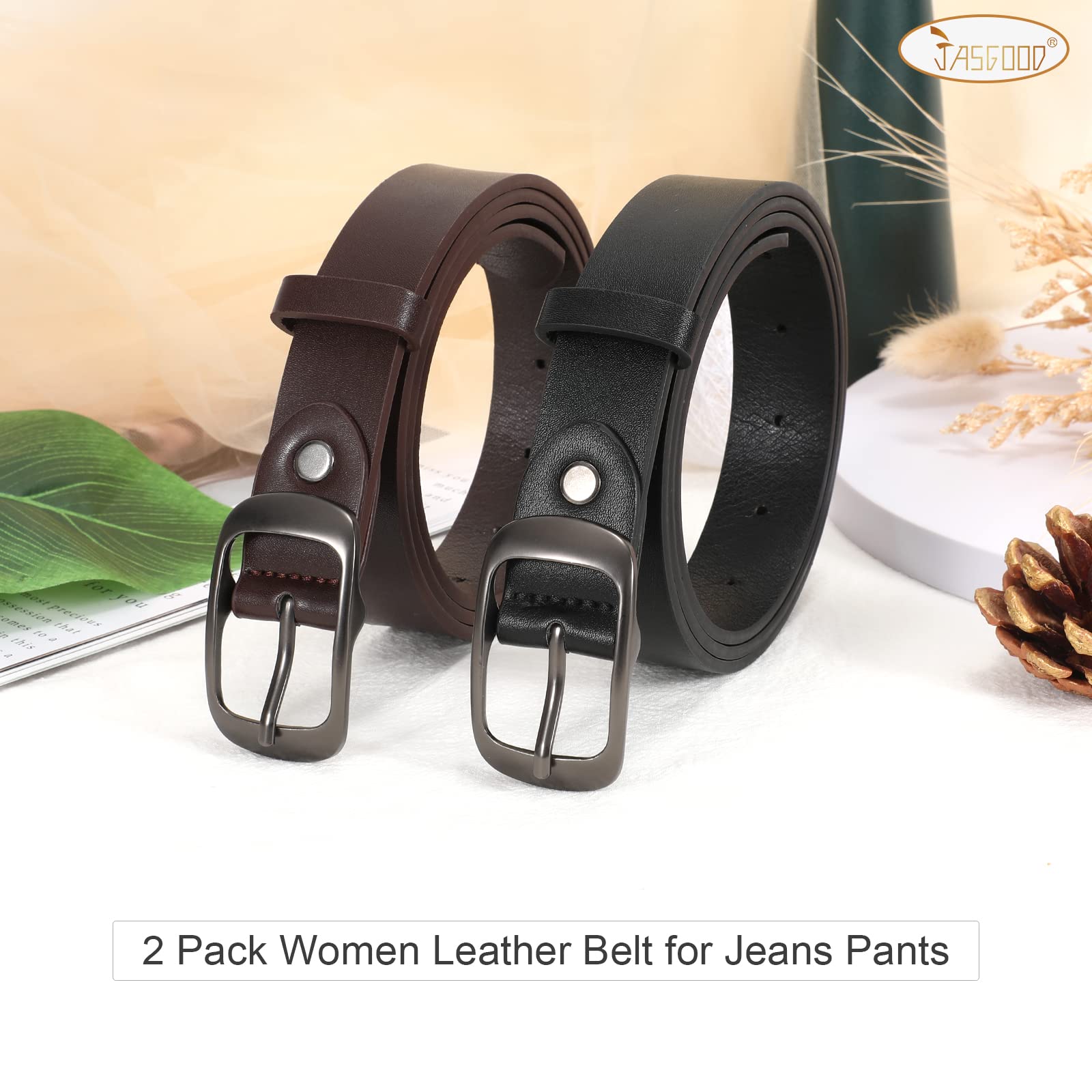 JASGOOD 2 Pack Women Faux Leather Belt, Fashion Ladies Belt with Pin Buckle for Jeans Pants - JASGOOD OFFICIAL