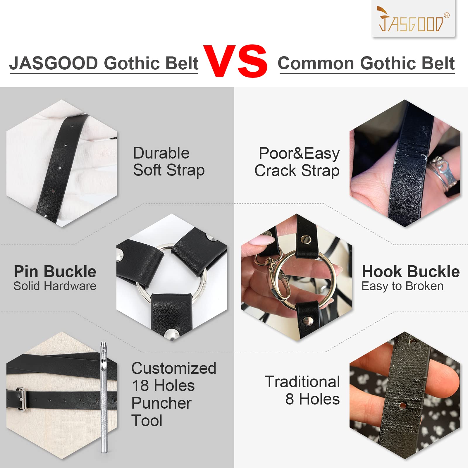 JASGOOD Punk Waist Belt Women PU Leather Skinny Body Adjustable Belts with Gothic Circle for Party