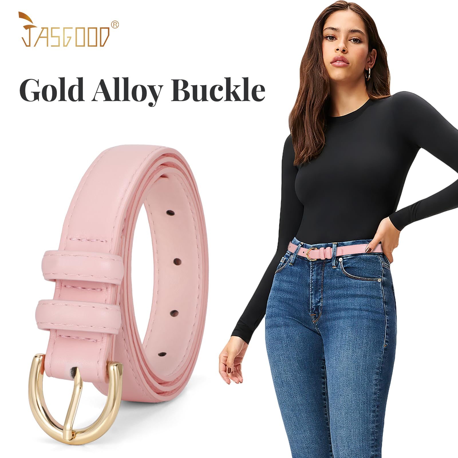 JASGOOD Women Leather Belt Fashion Dress Belt with Gold Buckle for Ladies Jeans Pants