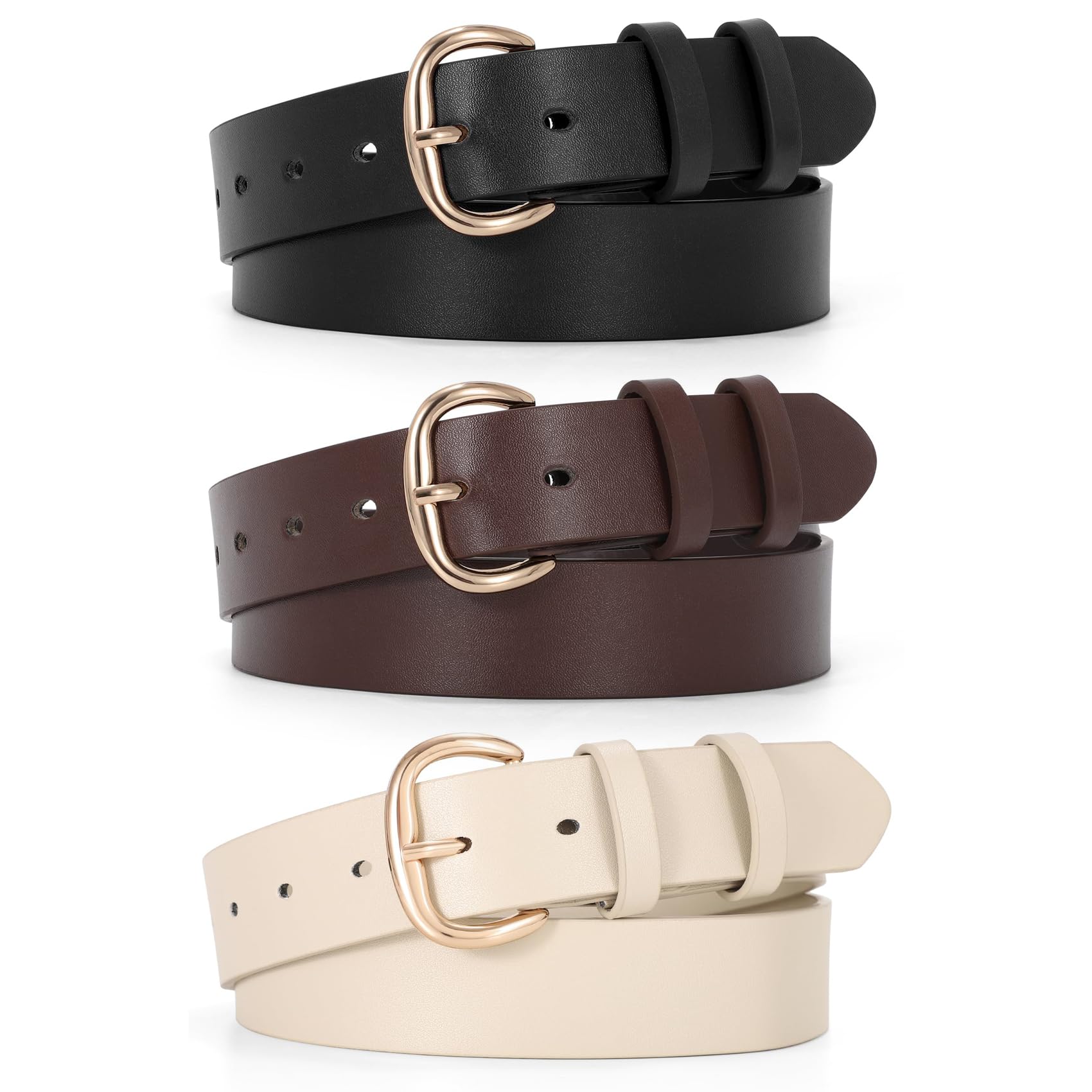 JASGOOD 3 Pack Women Leather Belt for Jeans Pants Gold Buckle Casual Waist Dresses Belt for Ladies