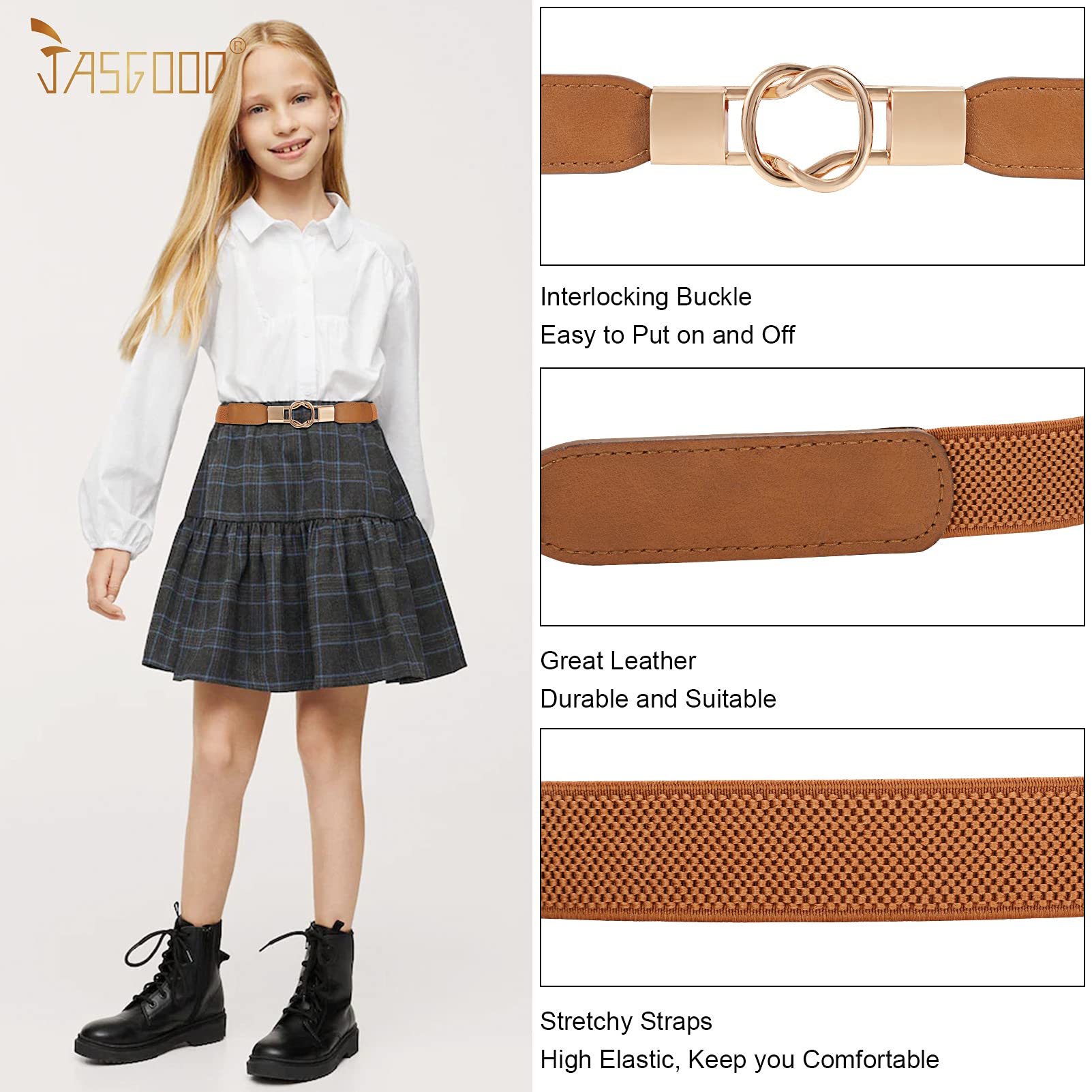 JASGOOD Kids Skinny Elastic Stretch Belts for girls with Easy Buckle Toddler School Uniform Dress Belts