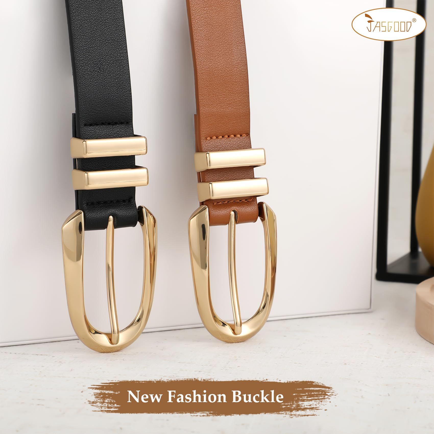 JASGOOD Women Leather Belt Fashion Waist Belt for Pants Jean Ladies Faux Leather Dress belt with Gold/Silver Buckle 2 Pack