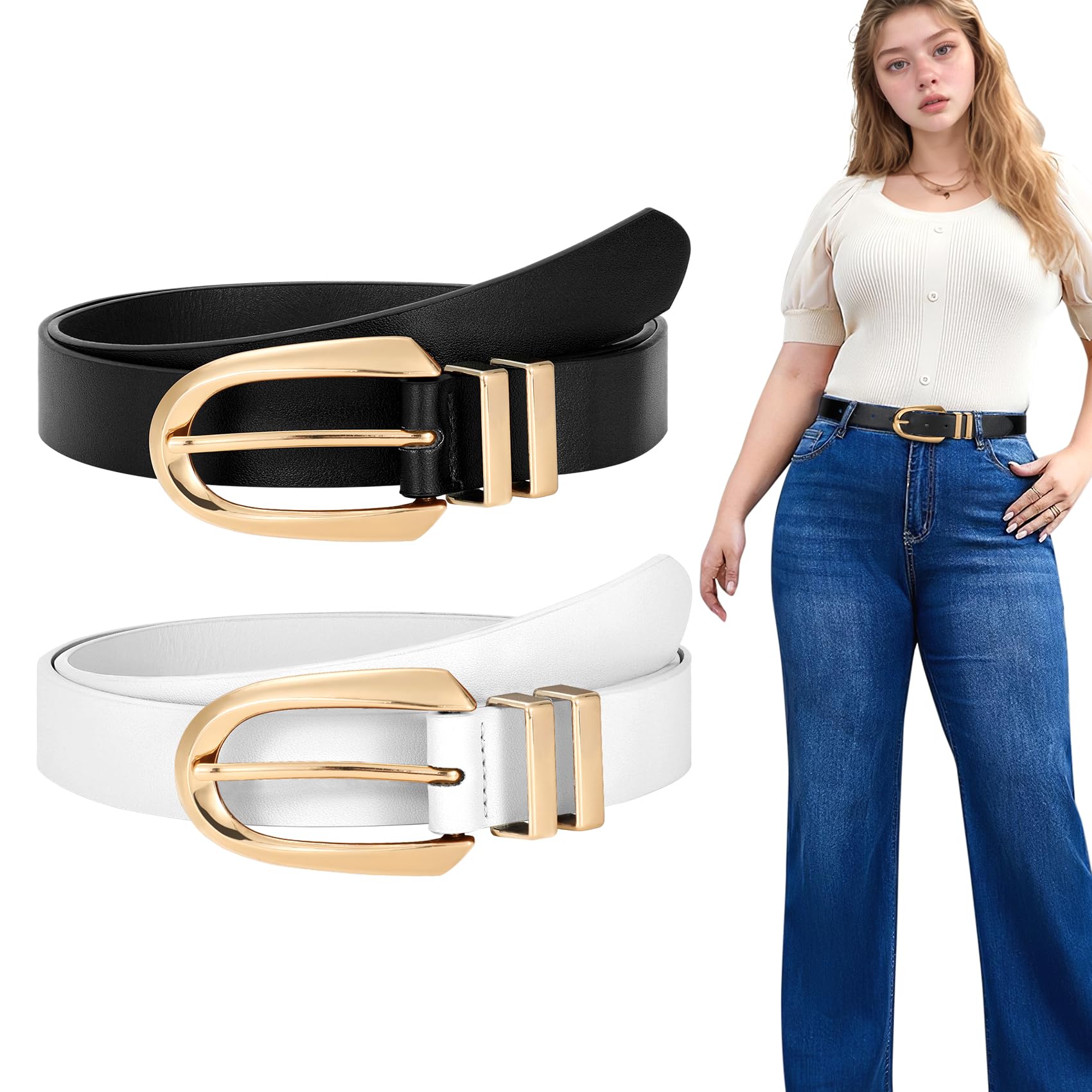 JASGOOD Women Leather Belt Fashion Waist Belt for Pants Jean Ladies Faux Leather Dress belt with Gold/Silver Buckle 2 Pack