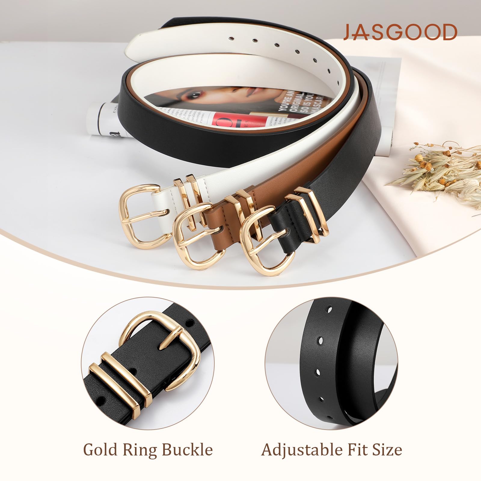JASGOOD 3 Pack Belts for Women Leather Waist Belts for Jeans Dresses Pants Ladies Fashion Belt with Gold Buckle