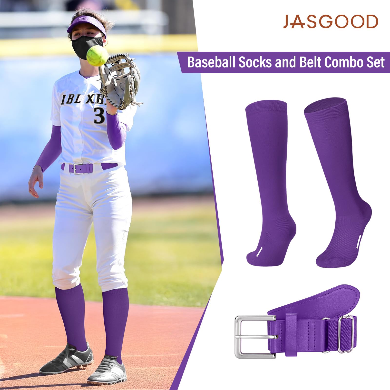 JASGOOD Baseball Softball Socks and Belt Combo Set Breathable Soccer Football Socks for Adult and Youth