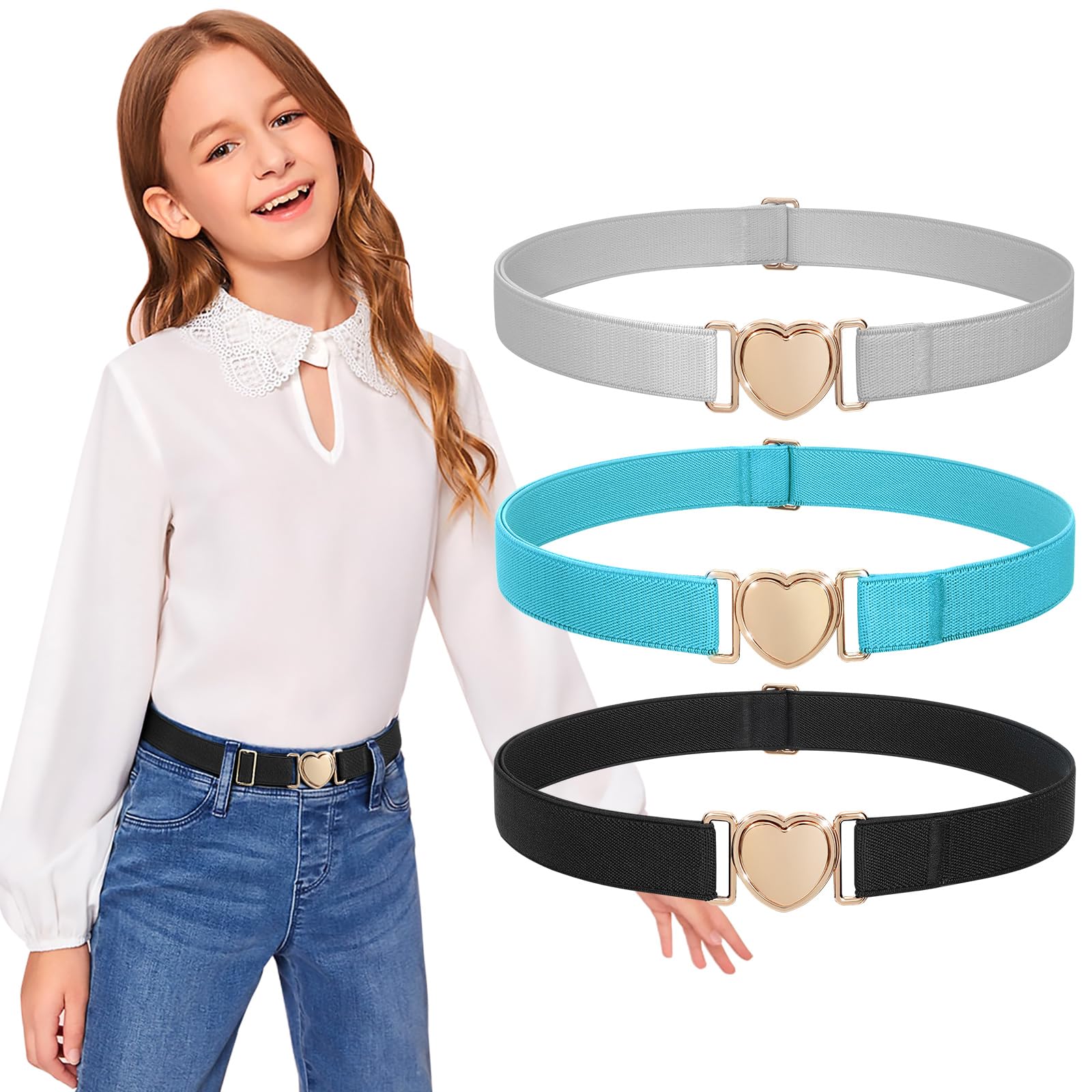JASGOOD Elastic Belts for Toddler Kids Adjustable Boys Girls Teens Stretch Belts with Heart Buckle for Back to School