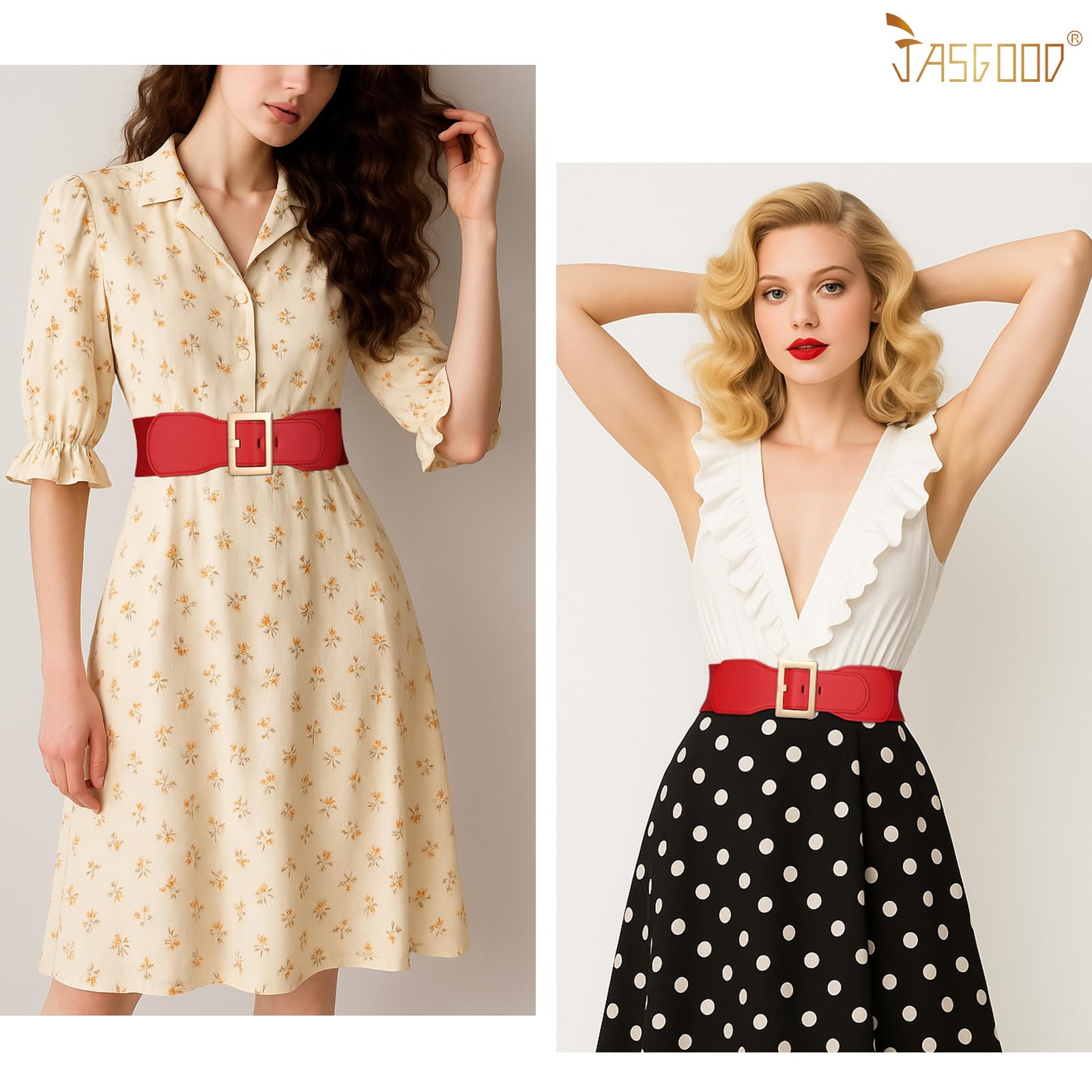 JASGOOD Women Wide Elastic Belt Stretchy Vintage Waist Belts for Dress Santa Belt with Square Buckle