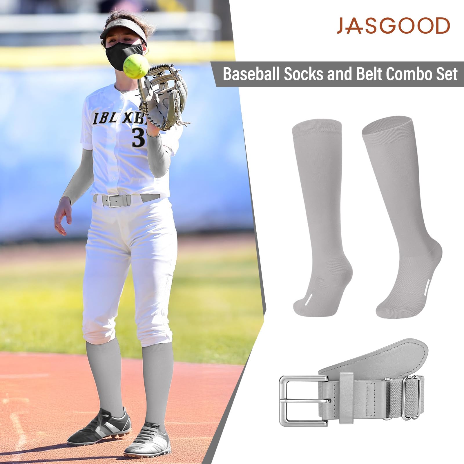 JASGOOD Baseball Softball Socks and Belt Combo Set Breathable Soccer Football Socks for Adult and Youth