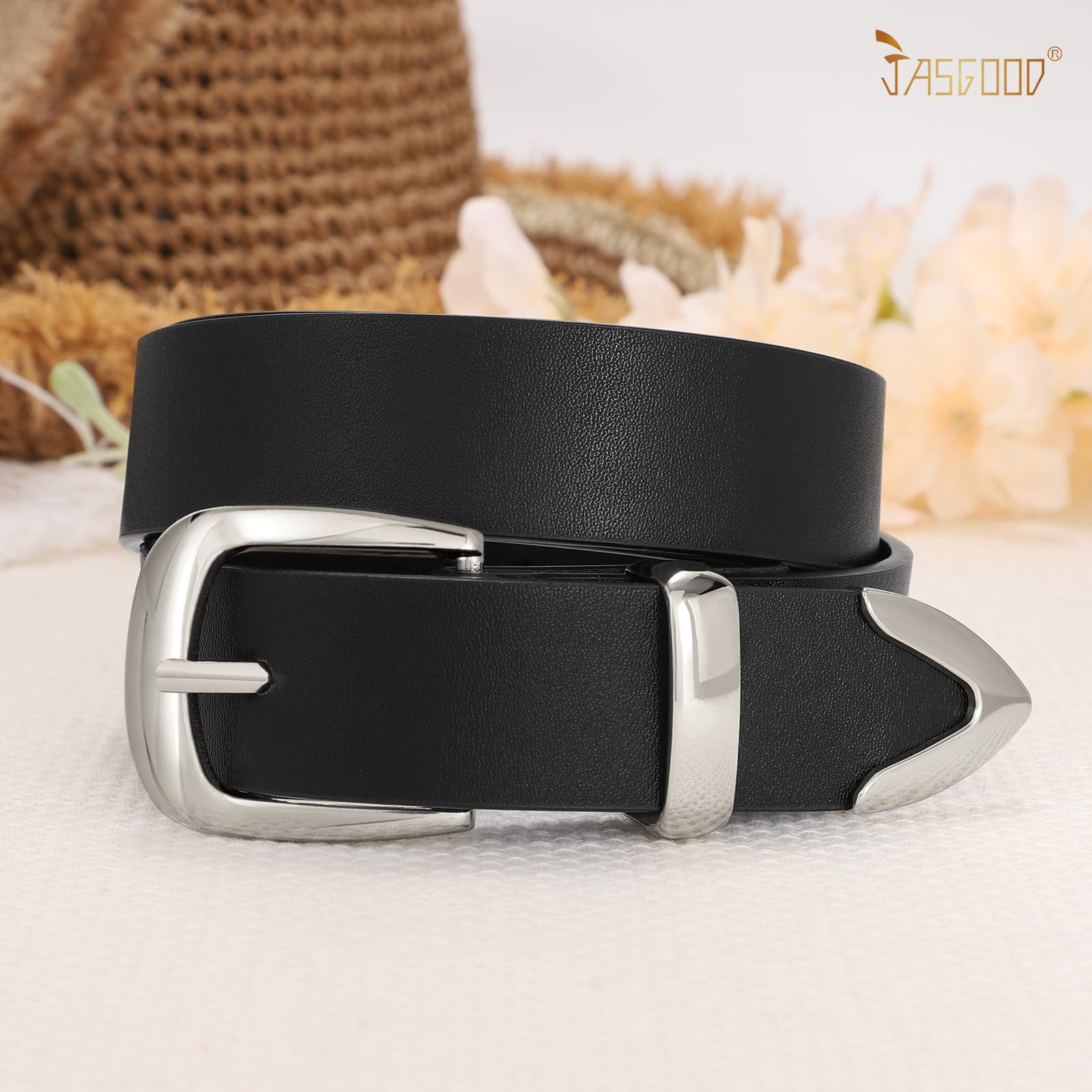 JASGOOD Women's Fashion Leather Belt Ladies Gold Buckle Leather Belt for Jeans Pants Dresses