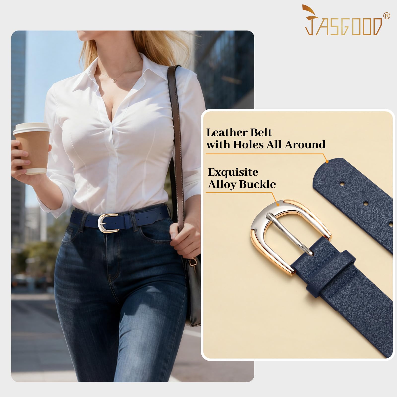 JASGOOD Leather Belts for Women Ladies Casual Belt for Jeans Pants Dresses with Gold and Silver Buckle