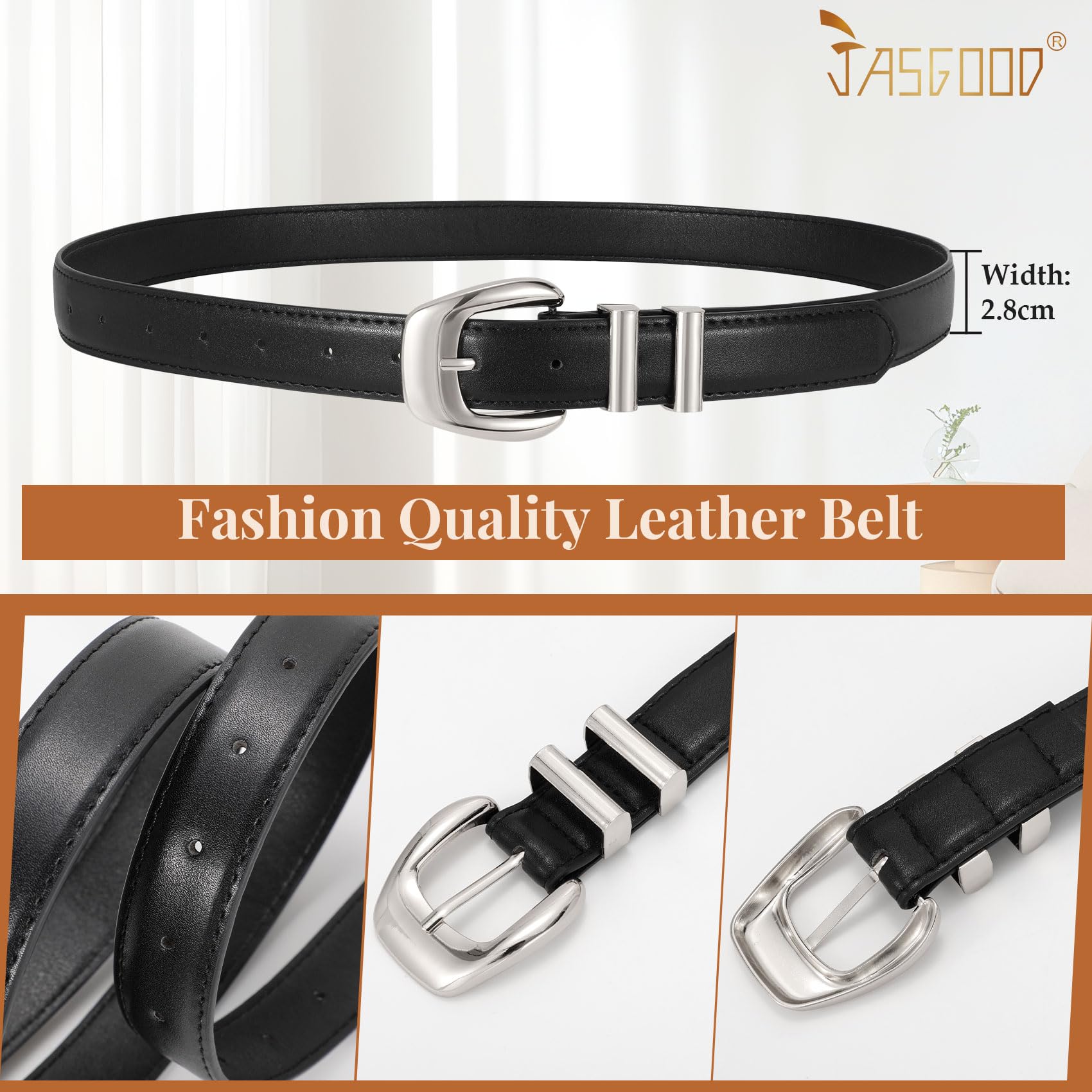 JASGOOD Women Leather Belt with Gold Buckle Plus Size Belt for Jeans Pants PU Leather Waist Belt for Ladies