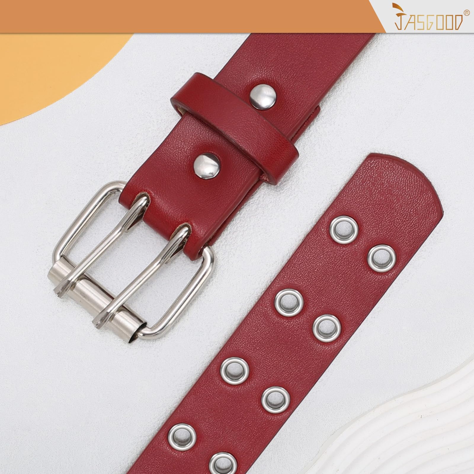 JASGOOD 2 Pack Kids Double Grommet Belt for Girls and Boys, PU Leather Kids Double Studded Holes Belt for Jeans Pants