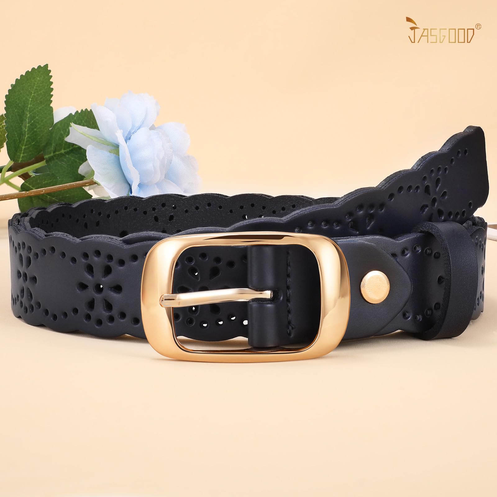 JASGOOD Leather Belt for Women Hollow Flower Leather Belt for Jeans Pants Fashion Waist Belt with Gold Buckle