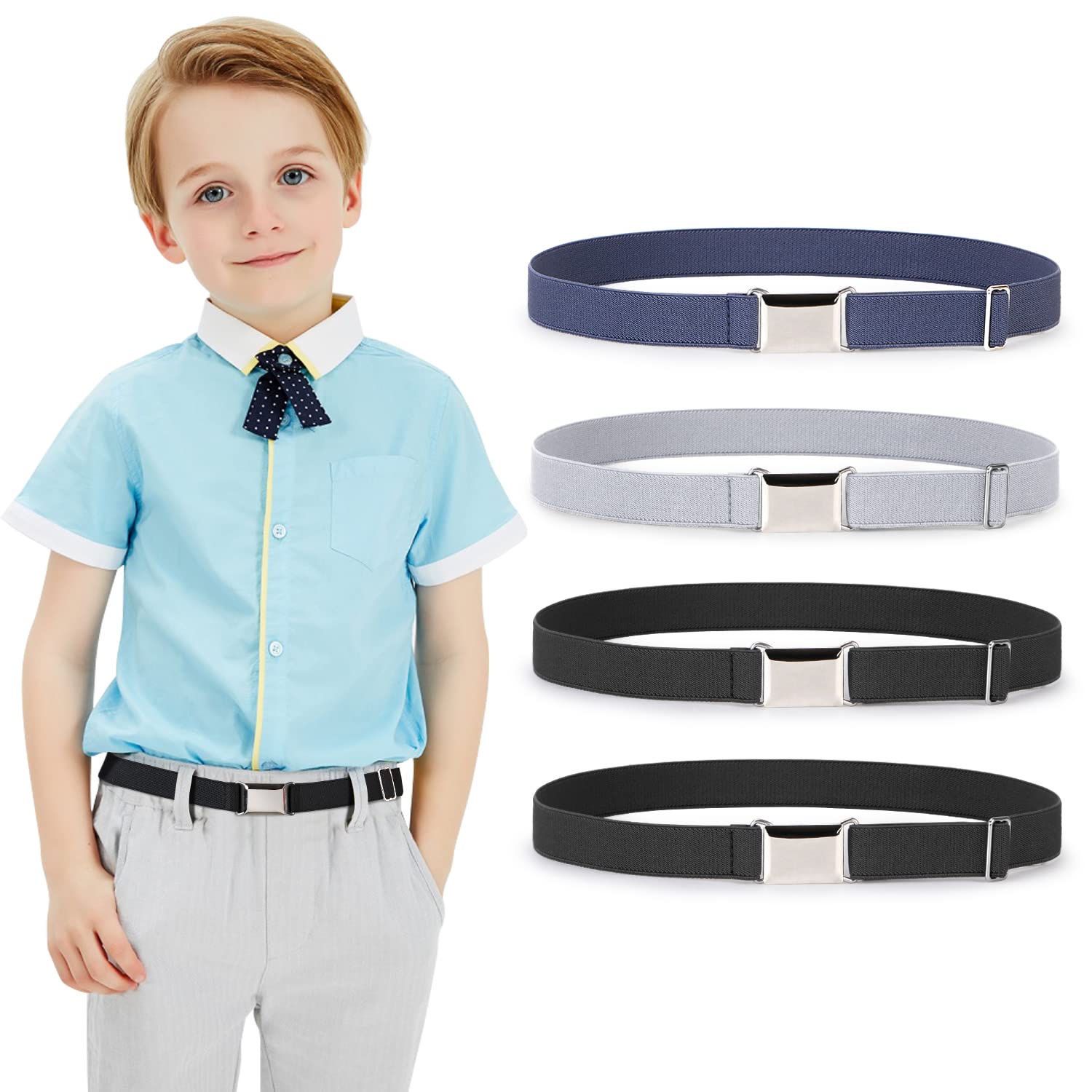 JASGOOD Kids Toddler Belt Elastic Stretch Adjustable Belt for Boys and Girls with Silver Square Buckle 2 Pack