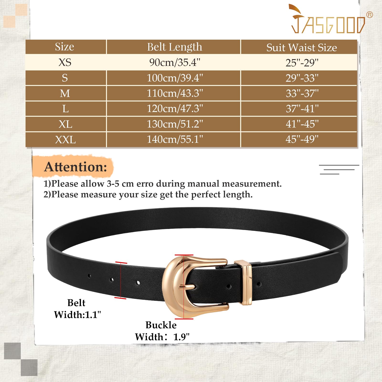 JASGOOD Women's Western Belt Vintage Black Leather Waist Belt for Pants Jeans with Gold Buckle