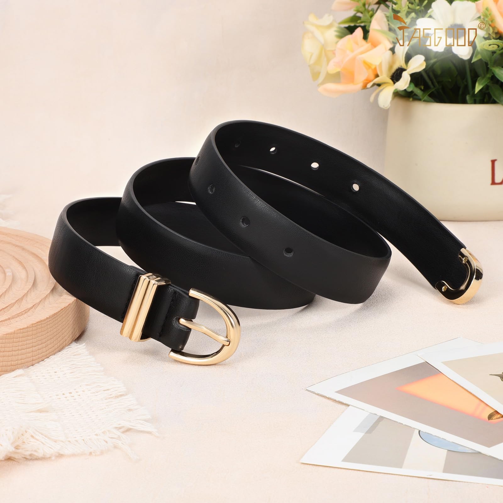 JASGOOD Women Leather Belt for Jeans Pants Fashion Gold Buckle Ladies Waist Belt