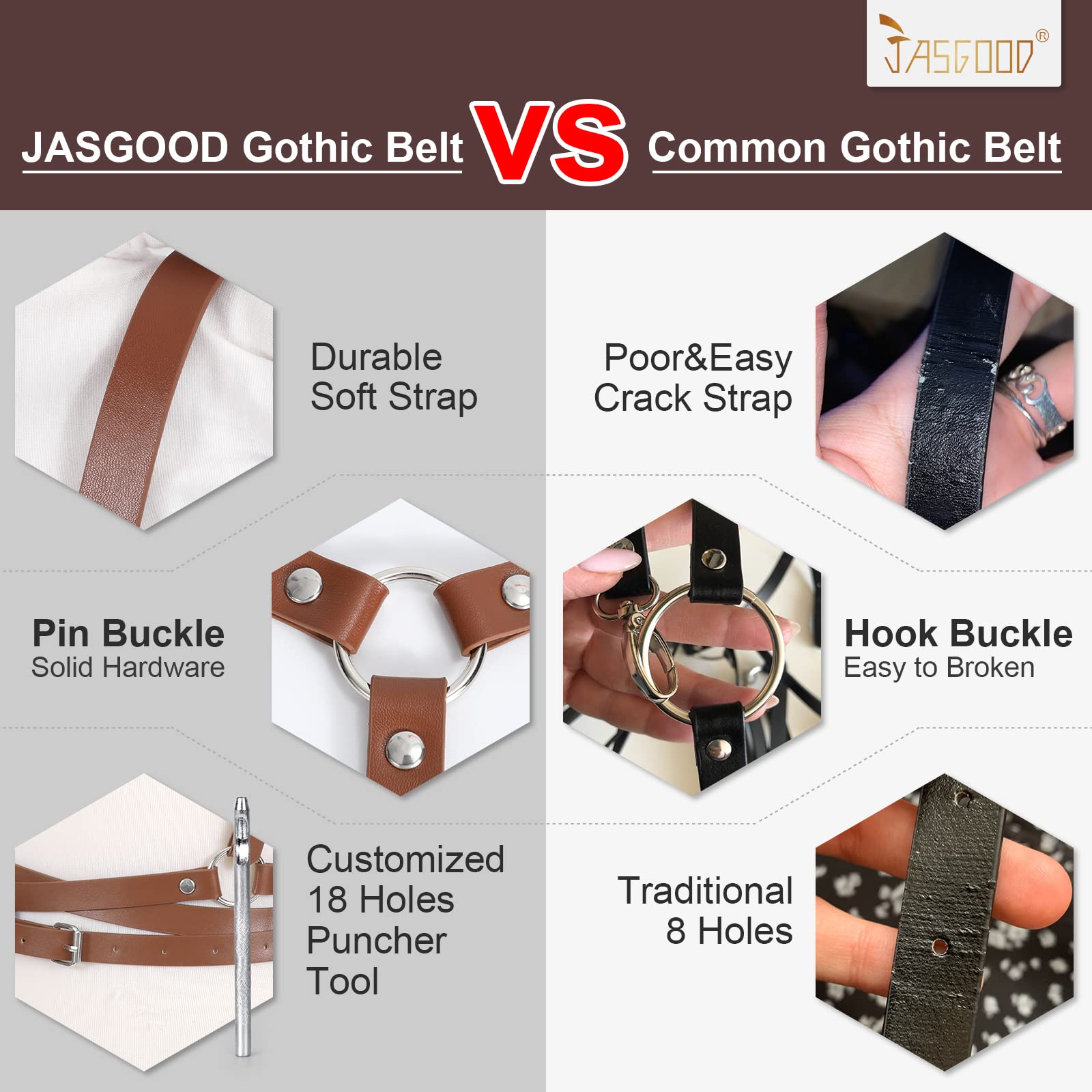 JASGOOD Punk Waist Belt Women PU Leather Skinny Body Adjustable Belts with Gothic Circle for Party