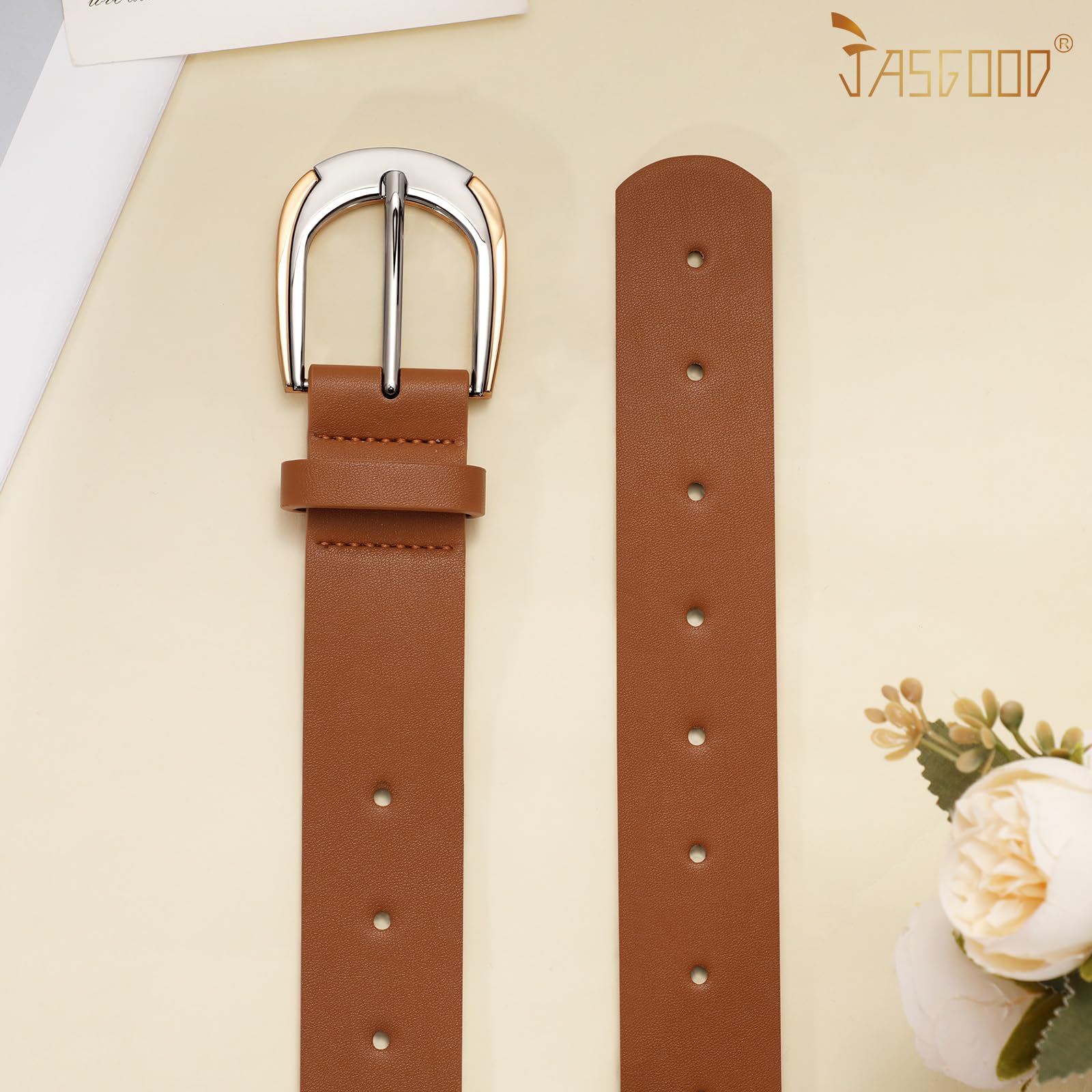 JASGOOD Leather Belts for Women Ladies Casual Belt for Jeans Pants Dresses with Gold and Silver Buckle