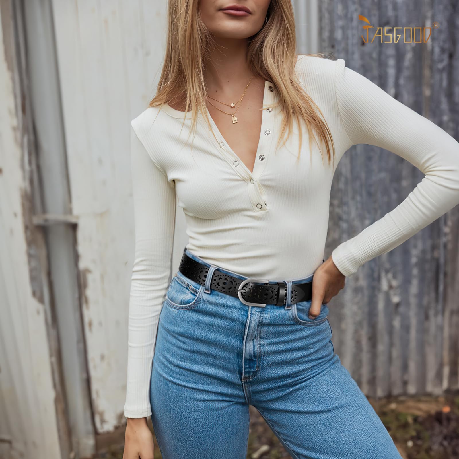 JASGOOD Hollow Genuine Leather Belt for Women Ladies Belt for Jeans Pants Casual Waist Belt - JASGOOD OFFICIAL
