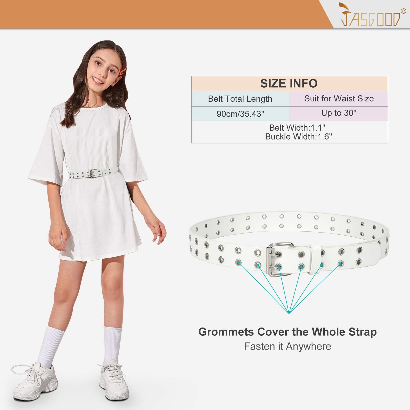 JASGOOD 2 Pack Kids Double Grommet Belt for Girls and Boys, PU Leather Kids Double Studded Holes Belt for Jeans Pants