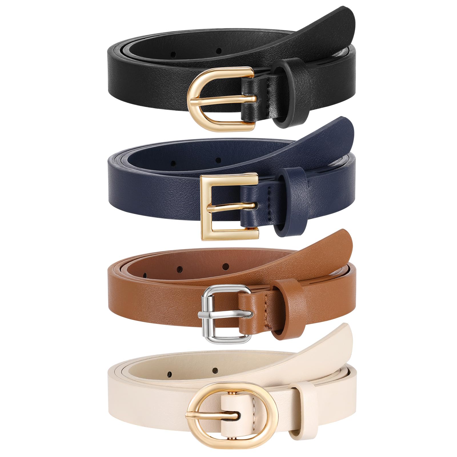 JASGOOD 4 Pack Women Skinny Leather Belt for Dresses with Gold Buckle Ladies Thin Waist Belt for Jeans Pants