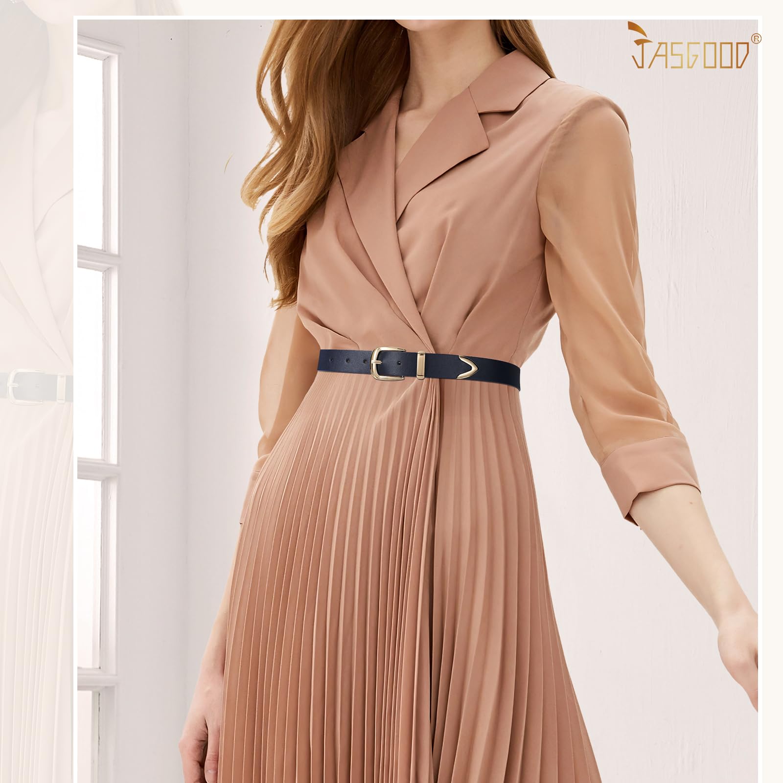 JASGOOD Women's Fashion Leather Belt Ladies Gold Buckle Leather Belt for Jeans Pants Dresses
