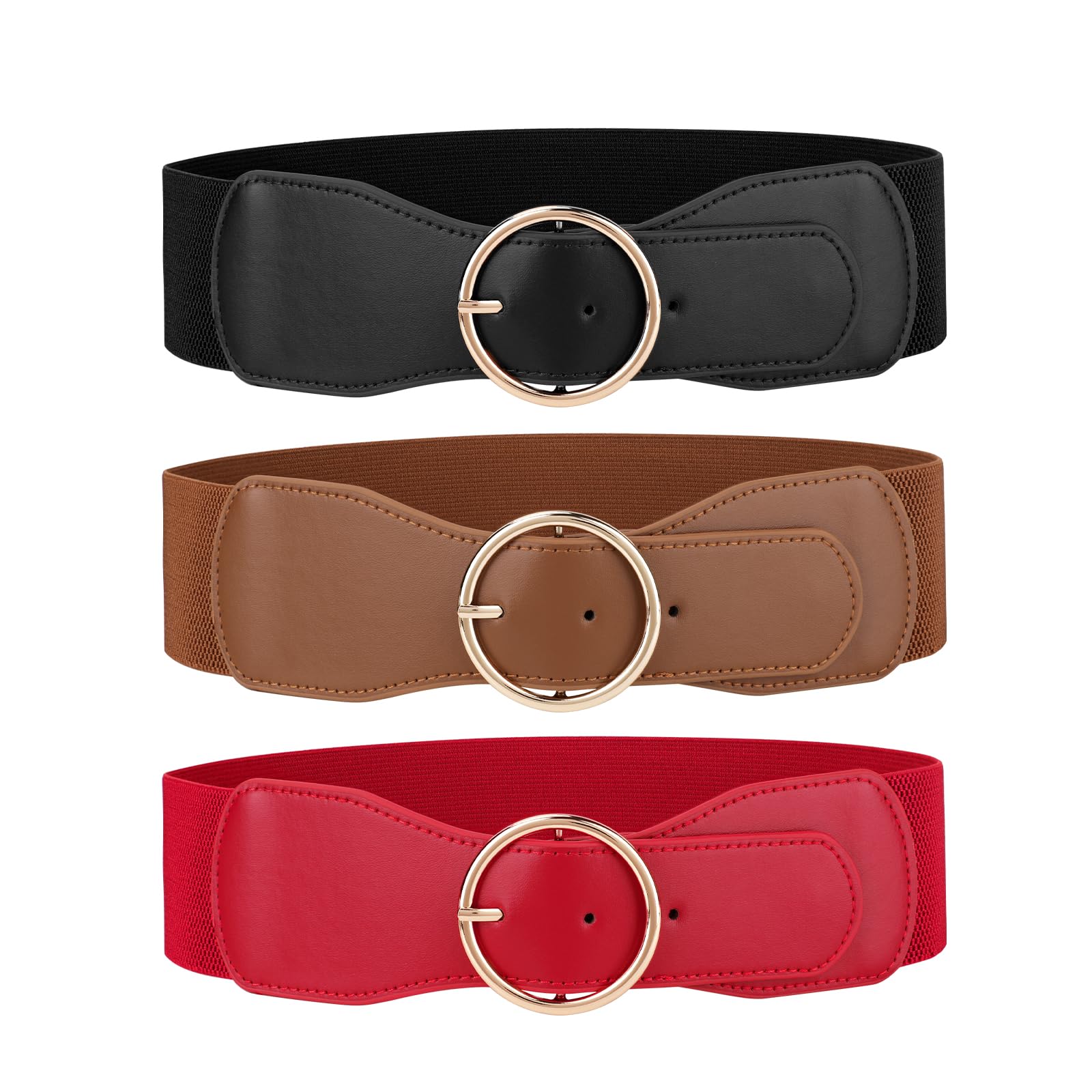 JASGOOD 3 Pack Women Wide Elastic Waist Belt for Dress Ladies Stretch Belt with Gold Round Buckle - JASGOOD OFFICIAL