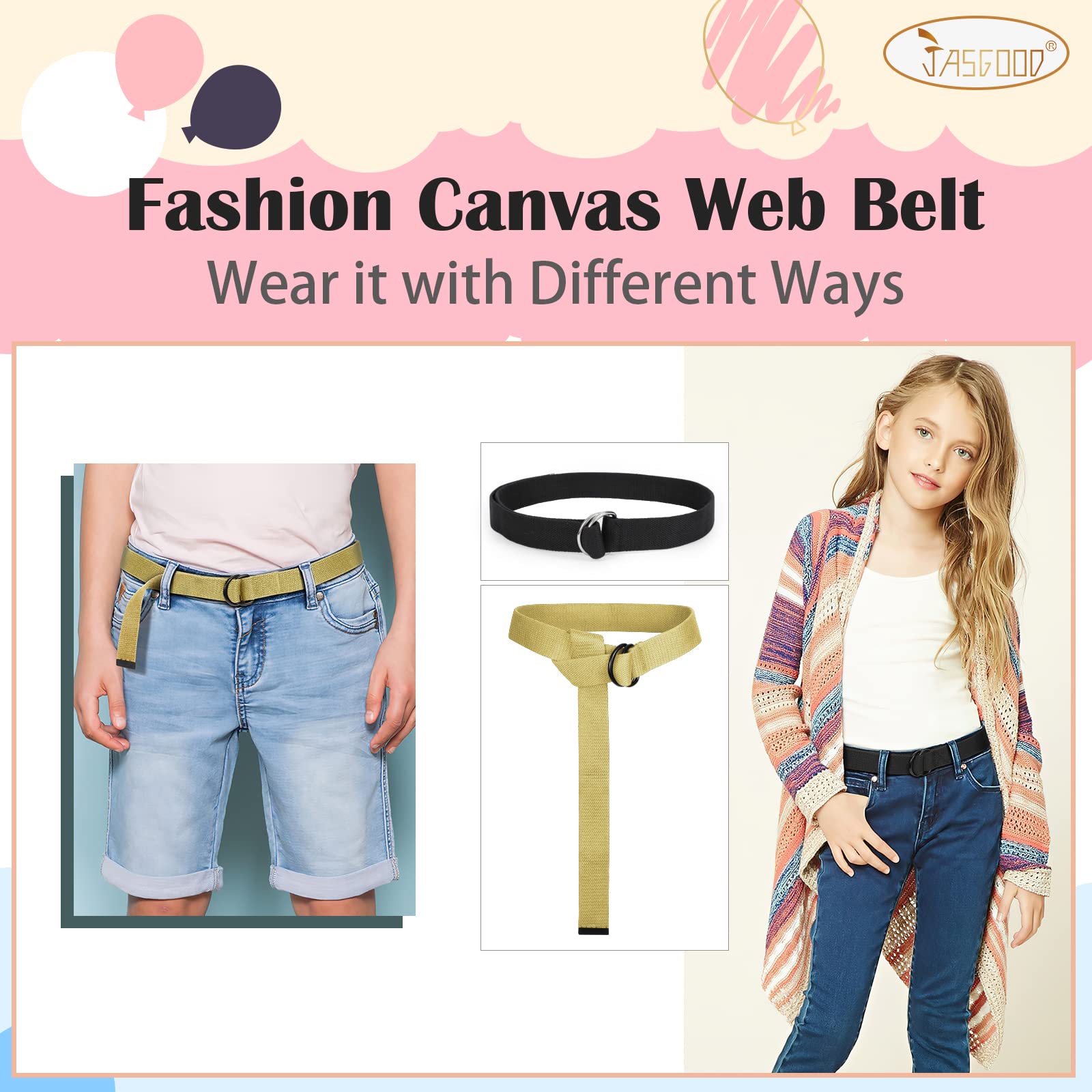 JASGOOD Boy's Canvas Belt Kids Football Belt with Double D-ring Buckle