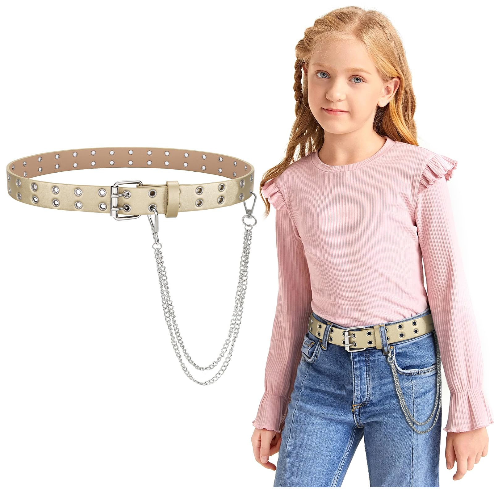 JASGOOD Kids Double Grommet Belt for Girls and Boys, PU Leather Kids Double Studded Holes Belt for Jeans Pants - JASGOOD OFFICIAL