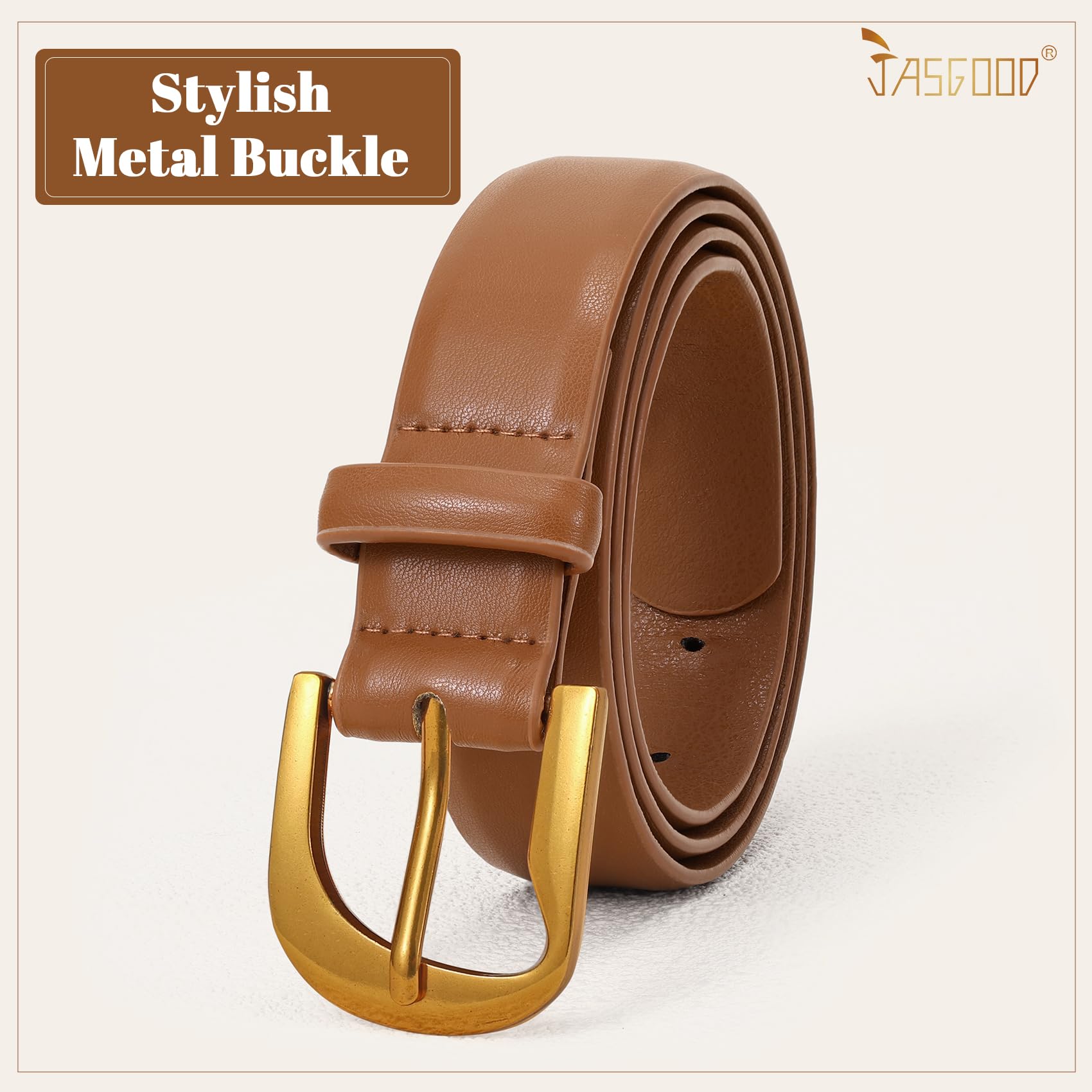 JASGOOD Women Leather Belts Plus Size Faux Leather Belt for Jeans Pants Fashion Ladies Waist Belt with Gold Buckle