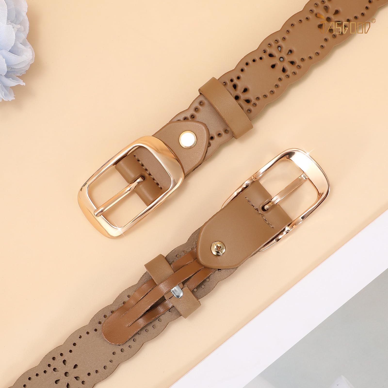 JASGOOD Leather Belt for Women Hollow Flower Leather Belt for Jeans Pants Fashion Waist Belt with Gold Buckle