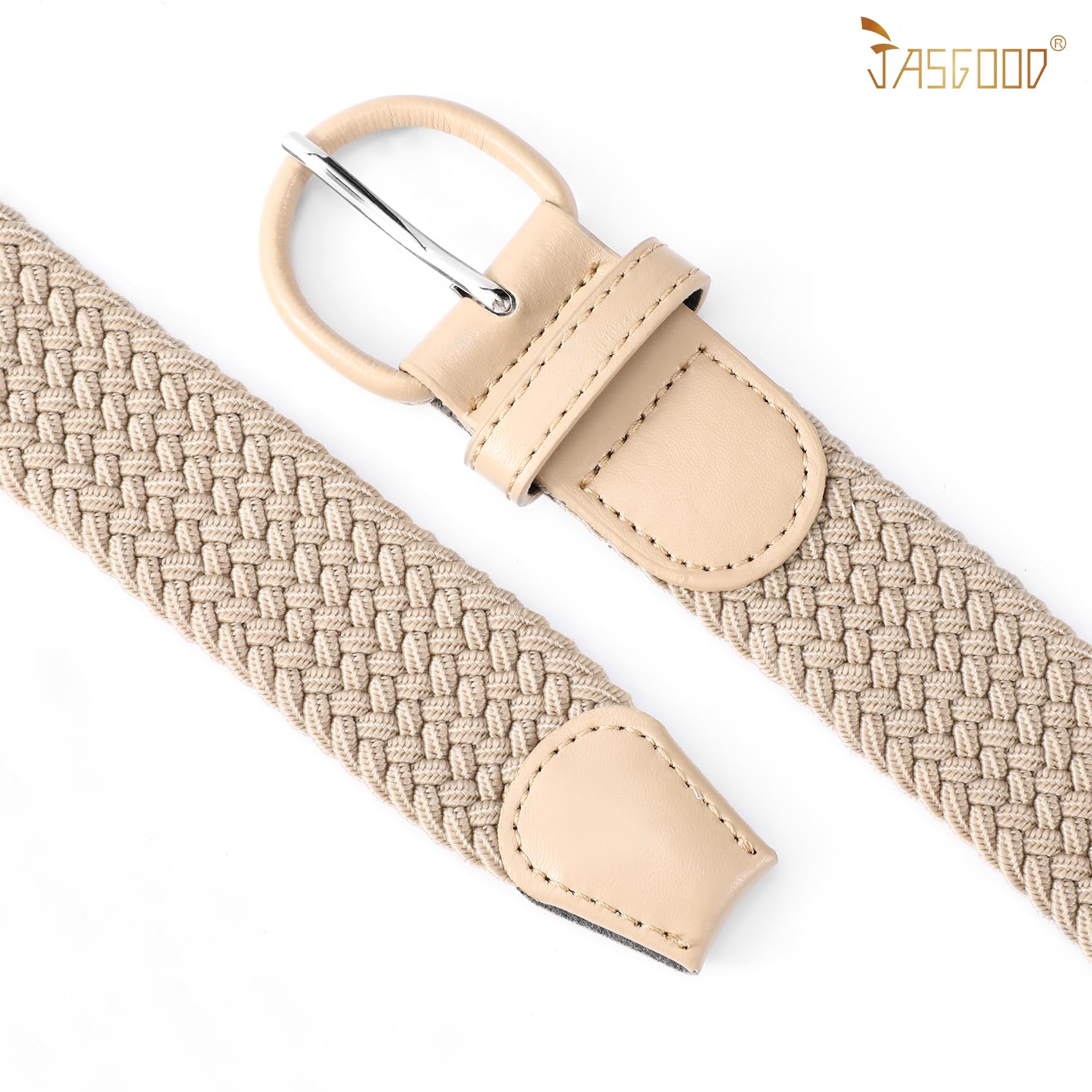 JASGOOD Women Braided Woven Elastic Stretch Belt Leather Covered Buckle Canvas Plus Size Belt for Jeans Pants