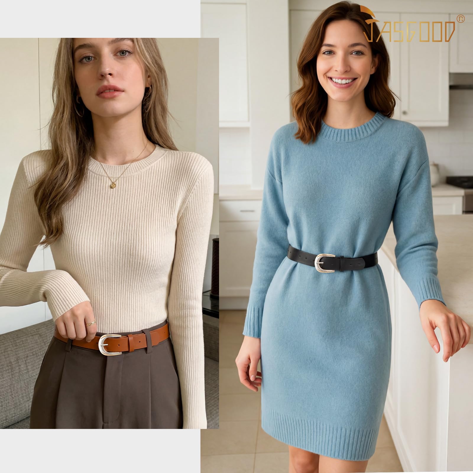 JASGOOD Leather Belts for Women Ladies Casual Belt for Jeans Pants Dresses with Gold and Silver Buckle