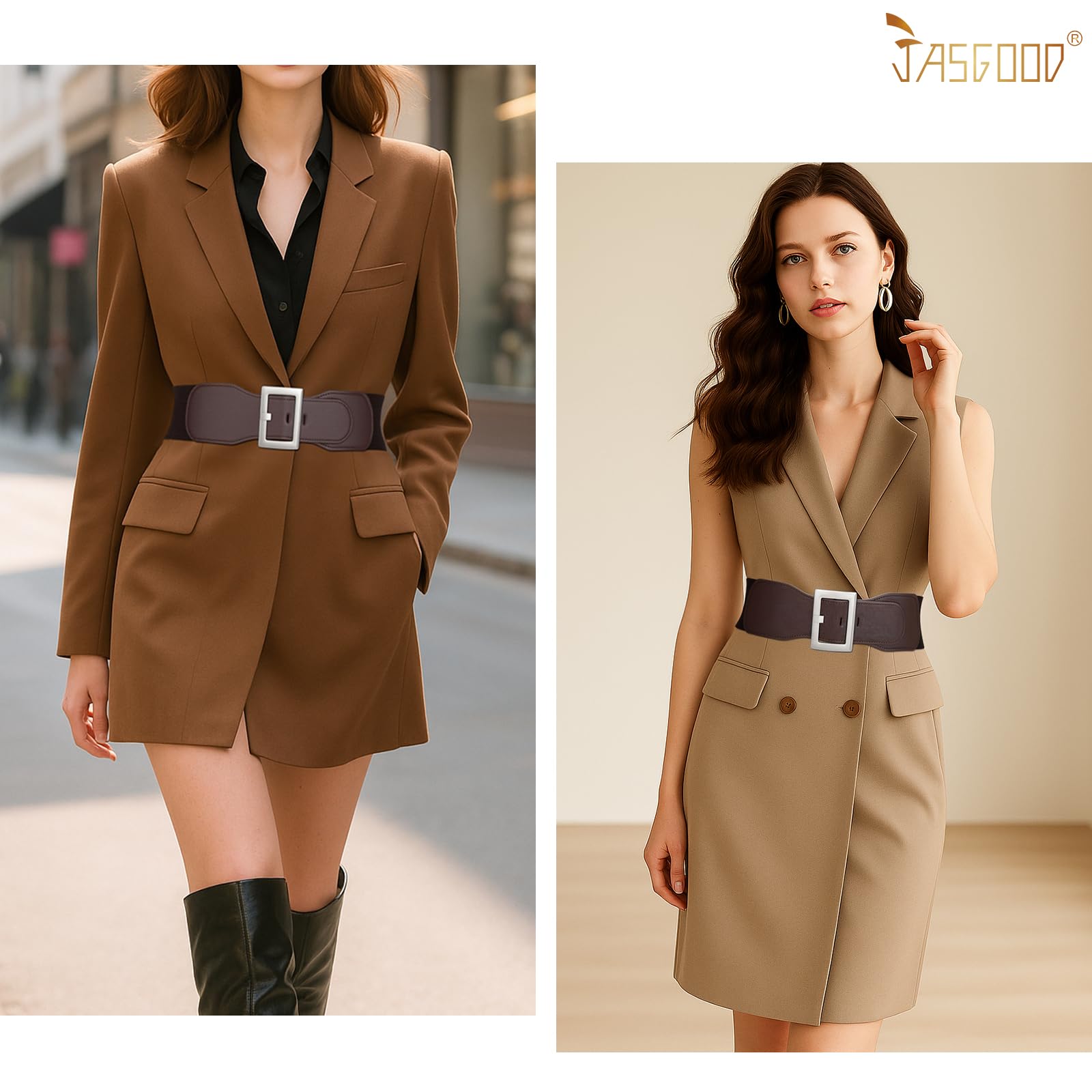 JASGOOD Women Wide Elastic Belt Stretchy Vintage Waist Belts for Dress Santa Belt with Square Buckle