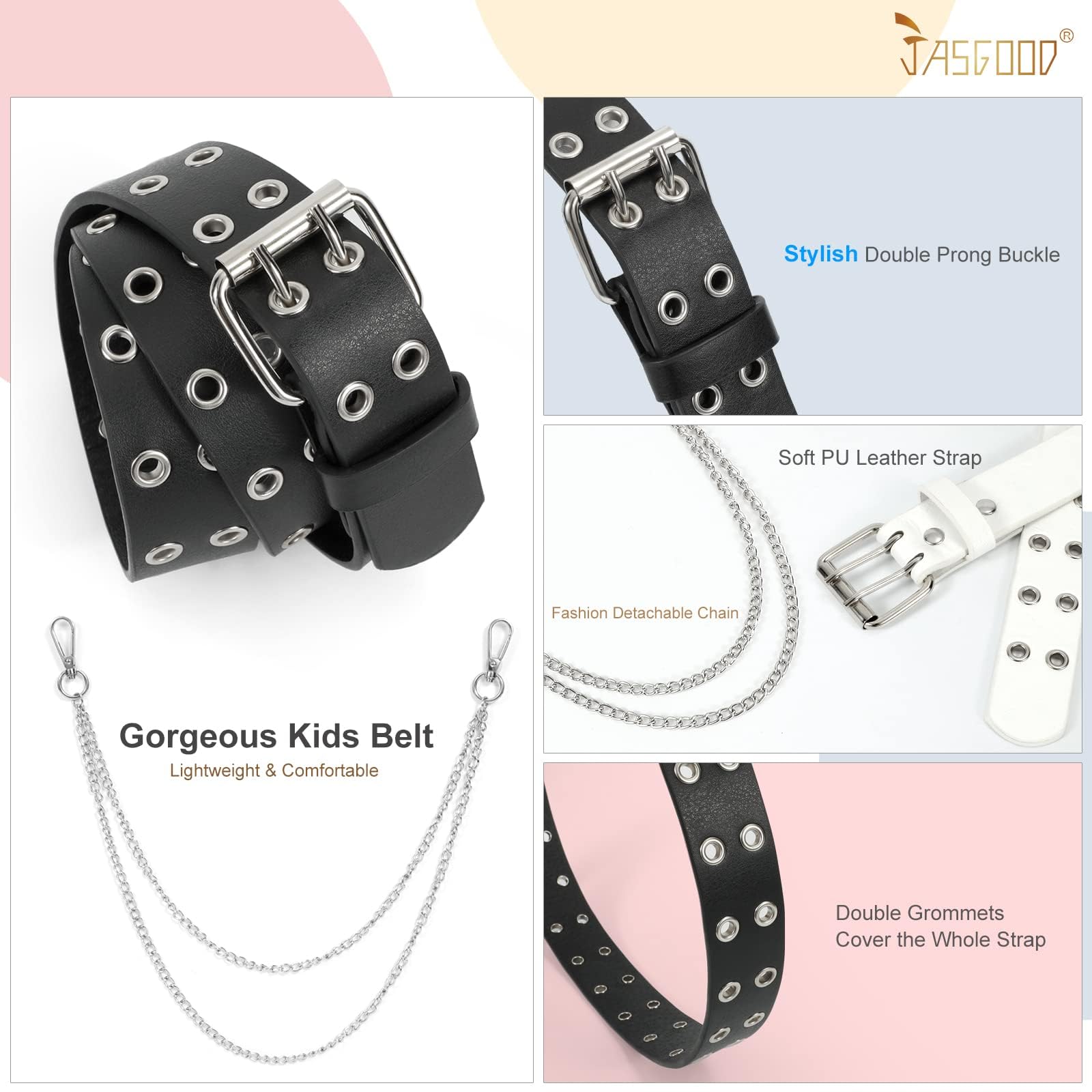 JASGOOD 2 Pack Kids Double Grommet Belt for Girls and Boys, PU Leather Kids Double Studded Holes Belt for Jeans Pants