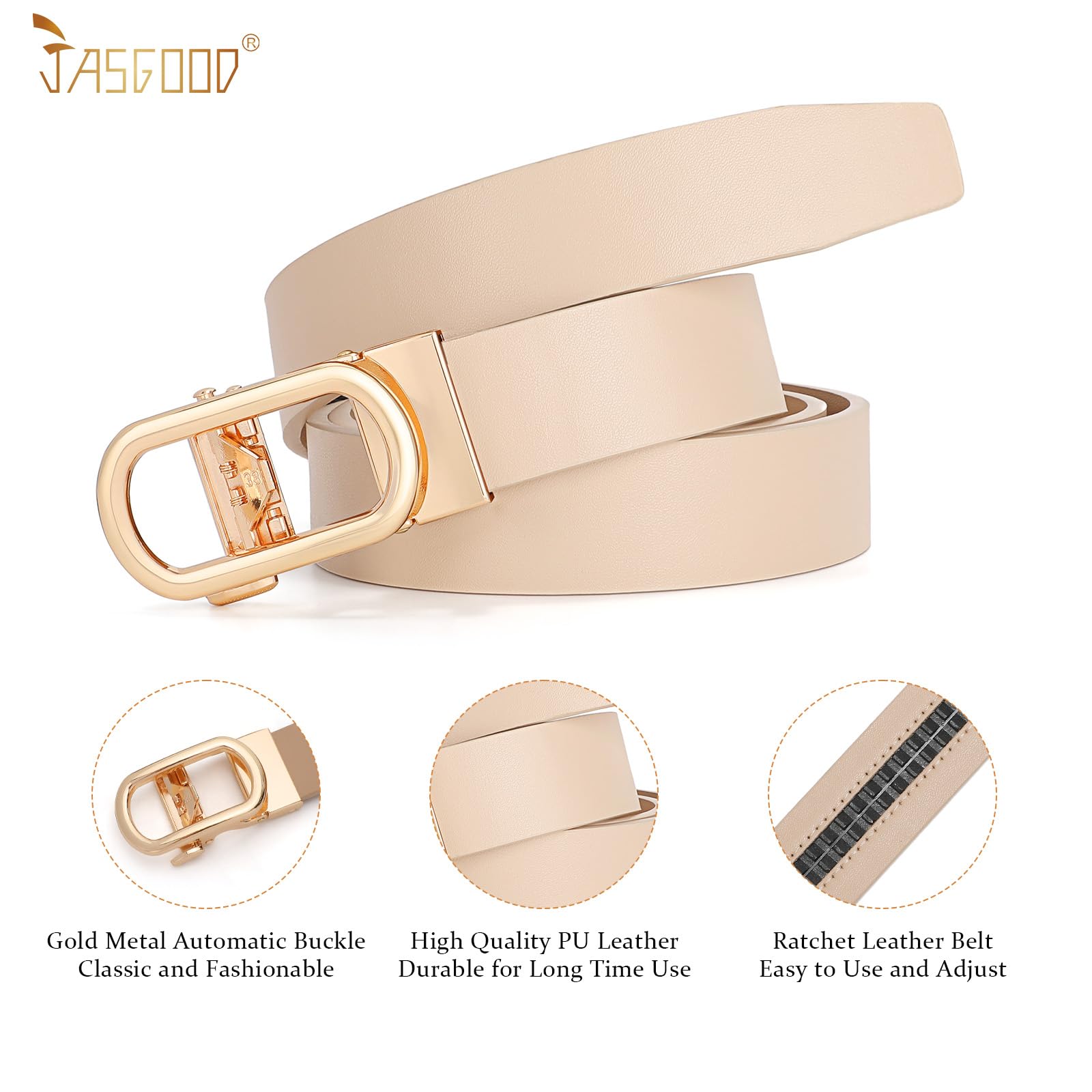 JASGOOD Women Leather Ratchet Belt for Jeans Pants Dresses Adjustable Belt with Automatic Sliding Buckle, Width 1.2" - JASGOOD OFFICIAL