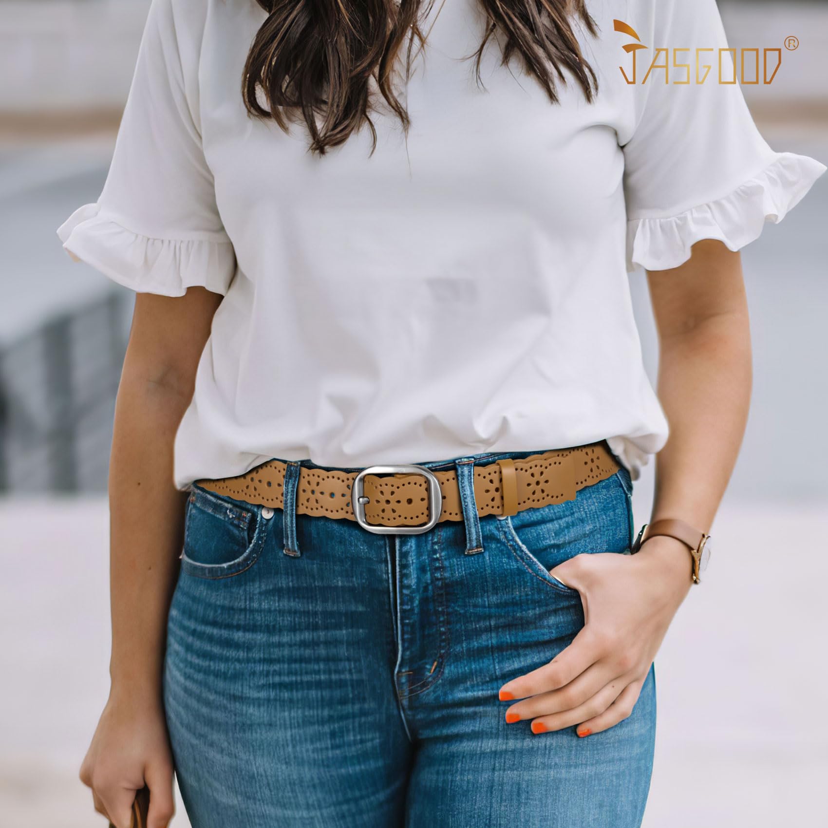 JASGOOD Women's Hollow Flower Genuine Leather Belt for Jeans Pants Wide Belt for Ladies - JASGOOD OFFICIAL