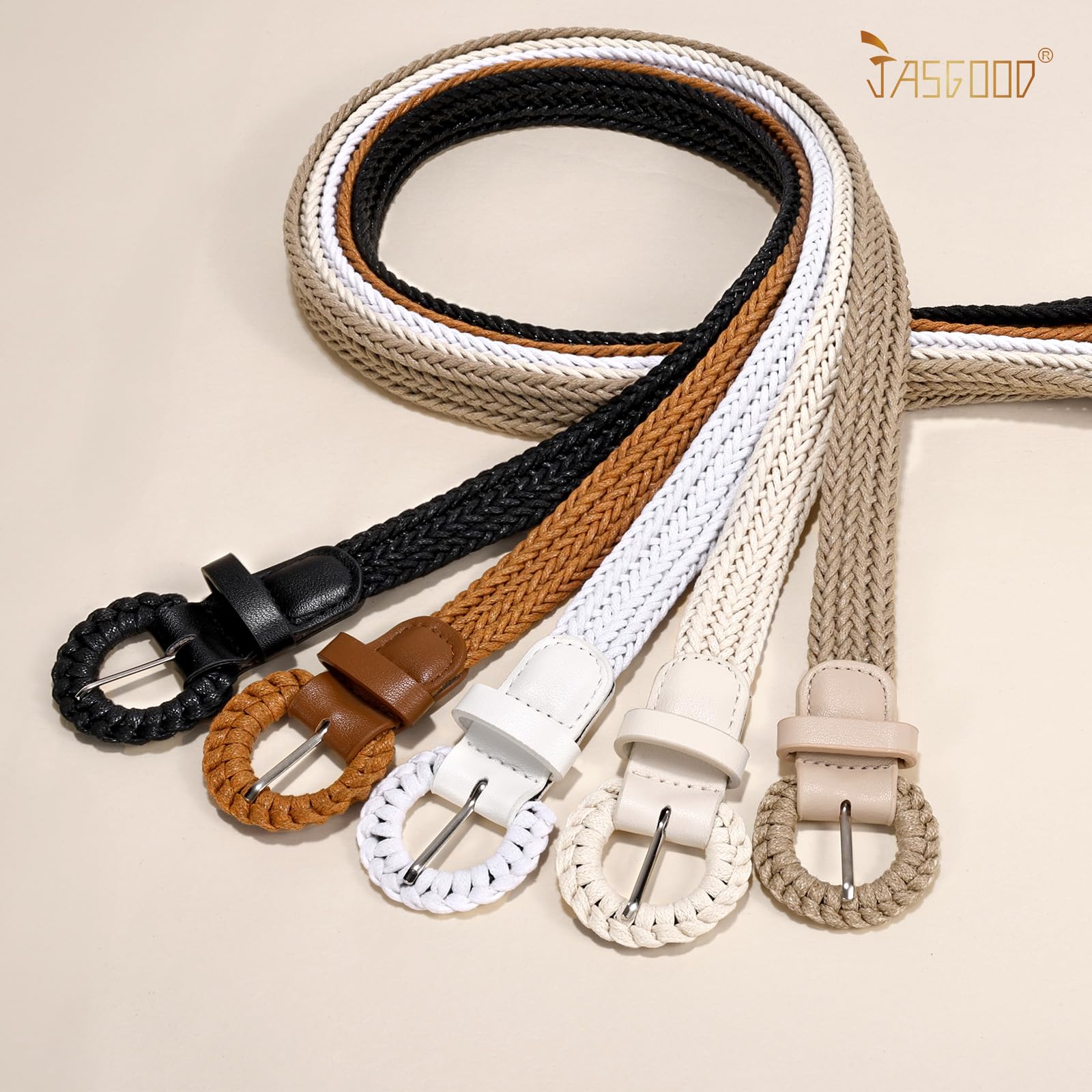 JASGOOD Women's Straw Braided Woven Boho Belt - Skinny Raffia Waist Strap for Summer Dresses & Jeans(Width:0.9")