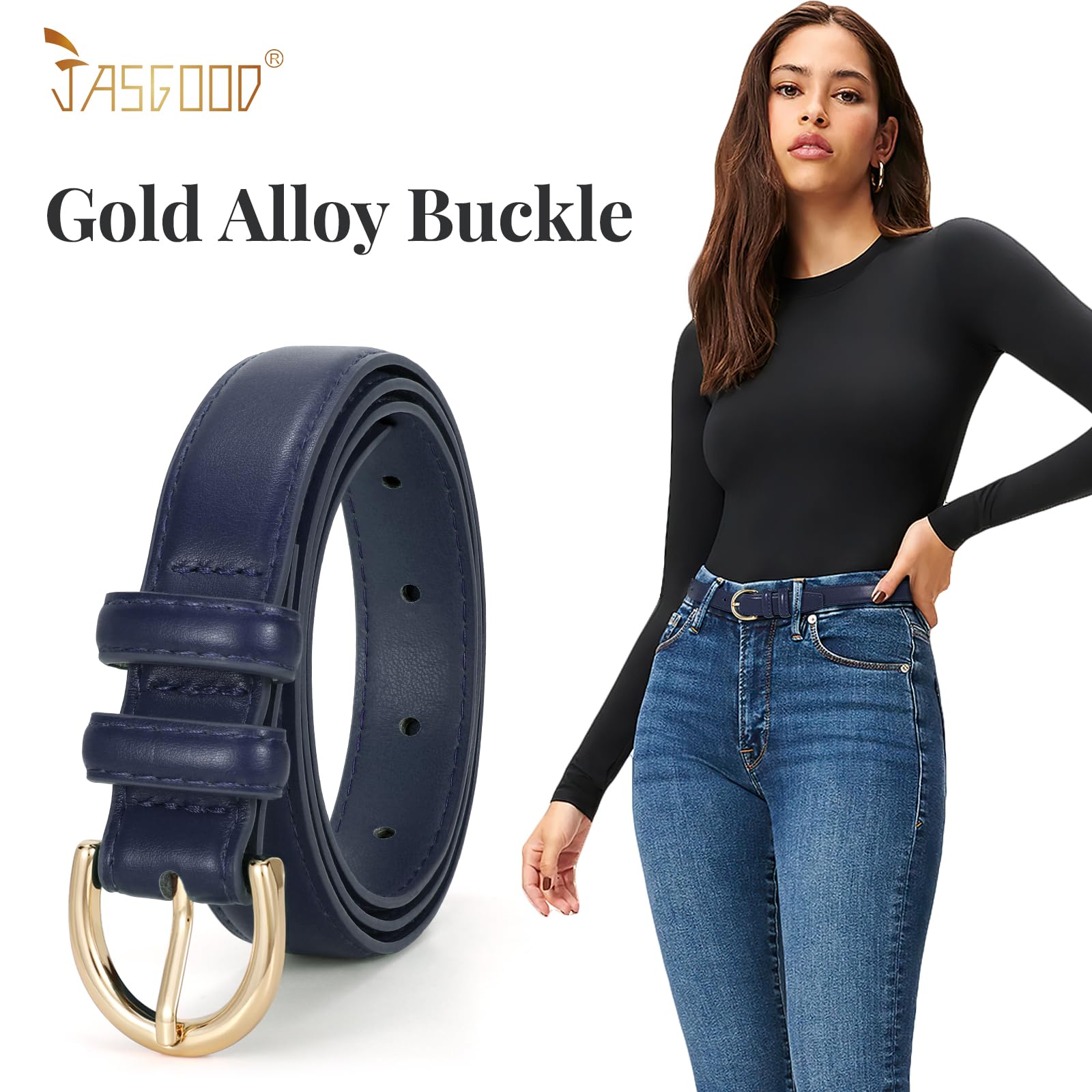 JASGOOD Women Leather Belt Fashion Dress Belt with Gold Buckle for Ladies Jeans Pants