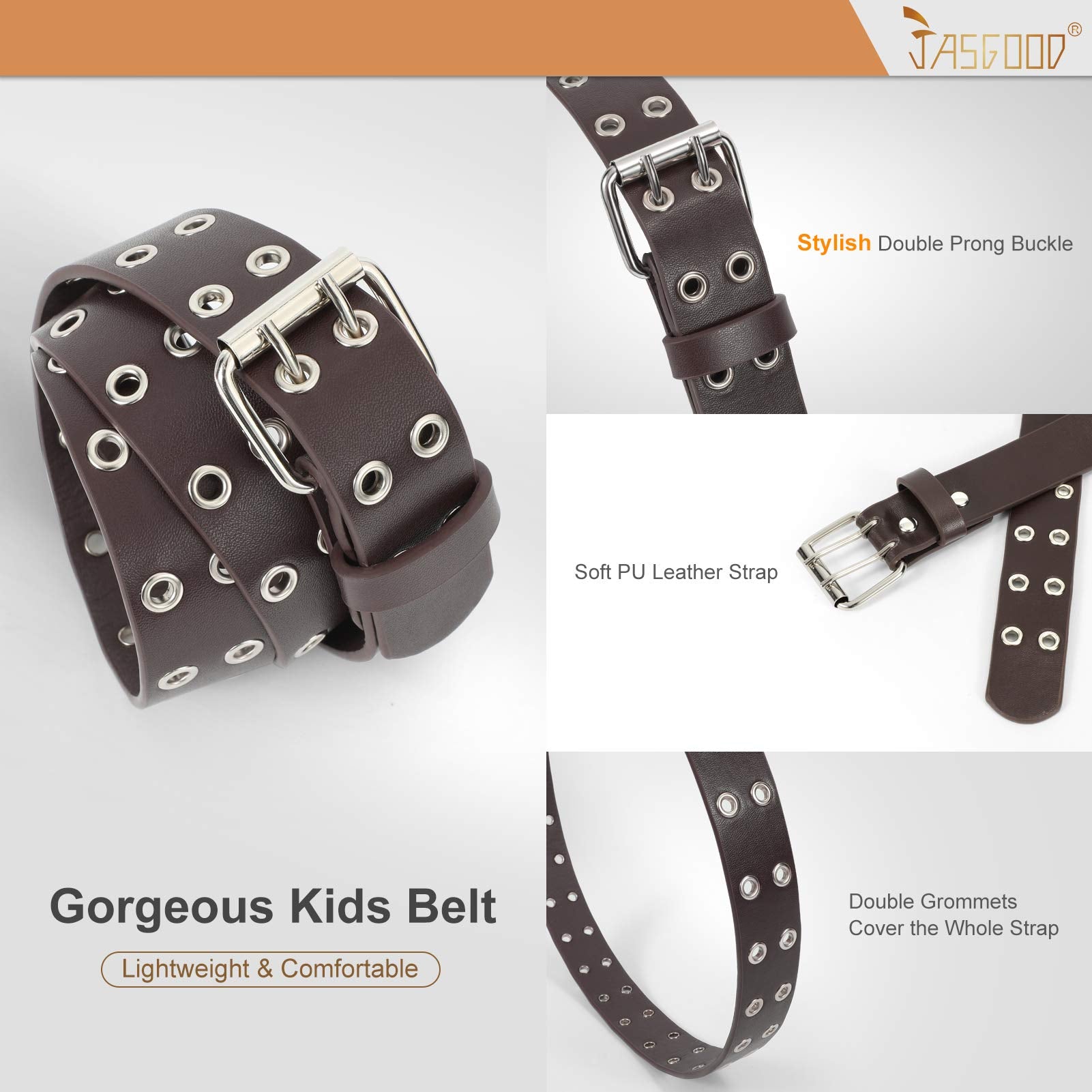 JASGOOD Kids Double Grommet Belt for Girls and Boys, PU Leather Kids Double Studded Holes Belt for Jeans Pants - JASGOOD OFFICIAL
