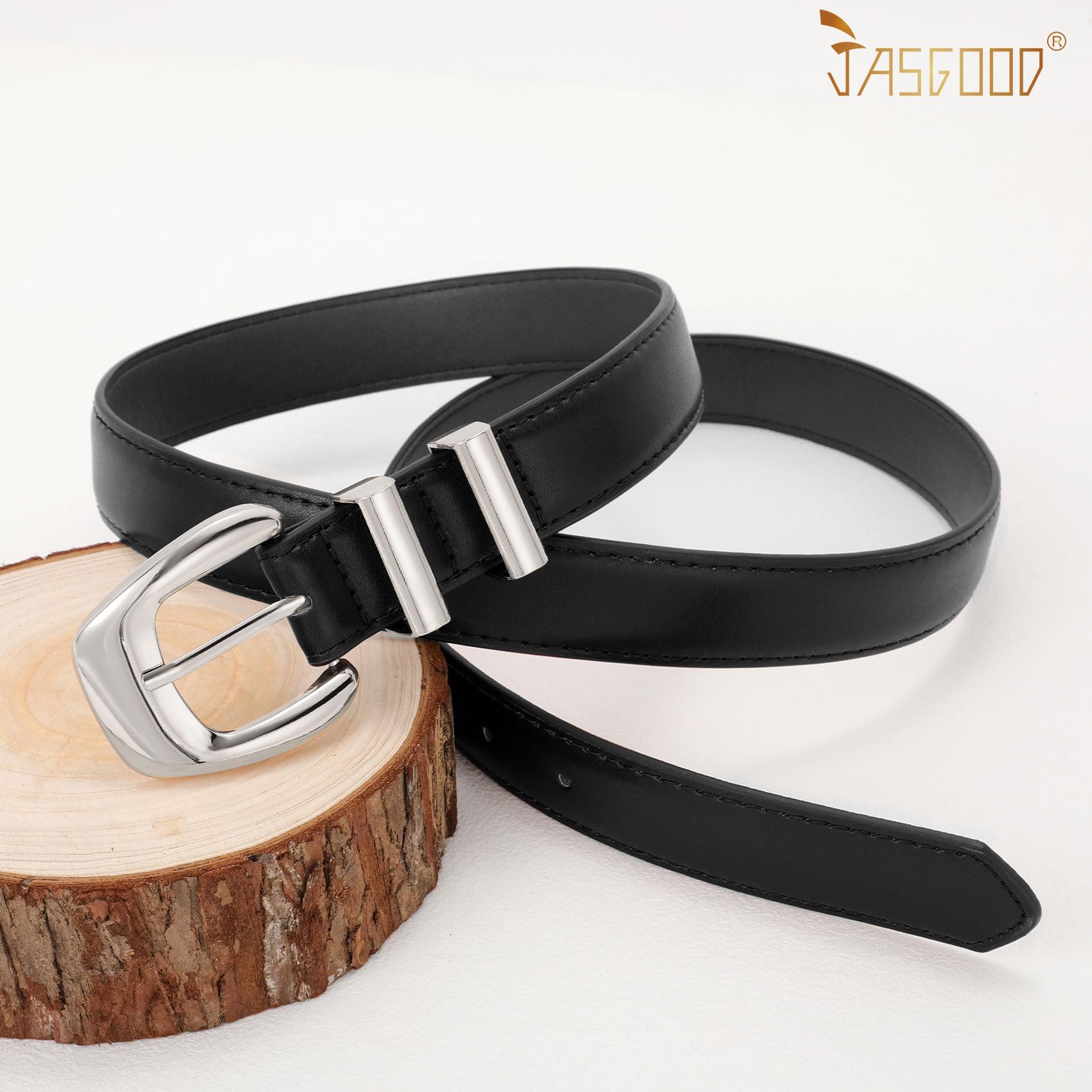 JASGOOD Women Leather Belt with Gold Buckle Plus Size Belt for Jeans Pants PU Leather Waist Belt for Ladies