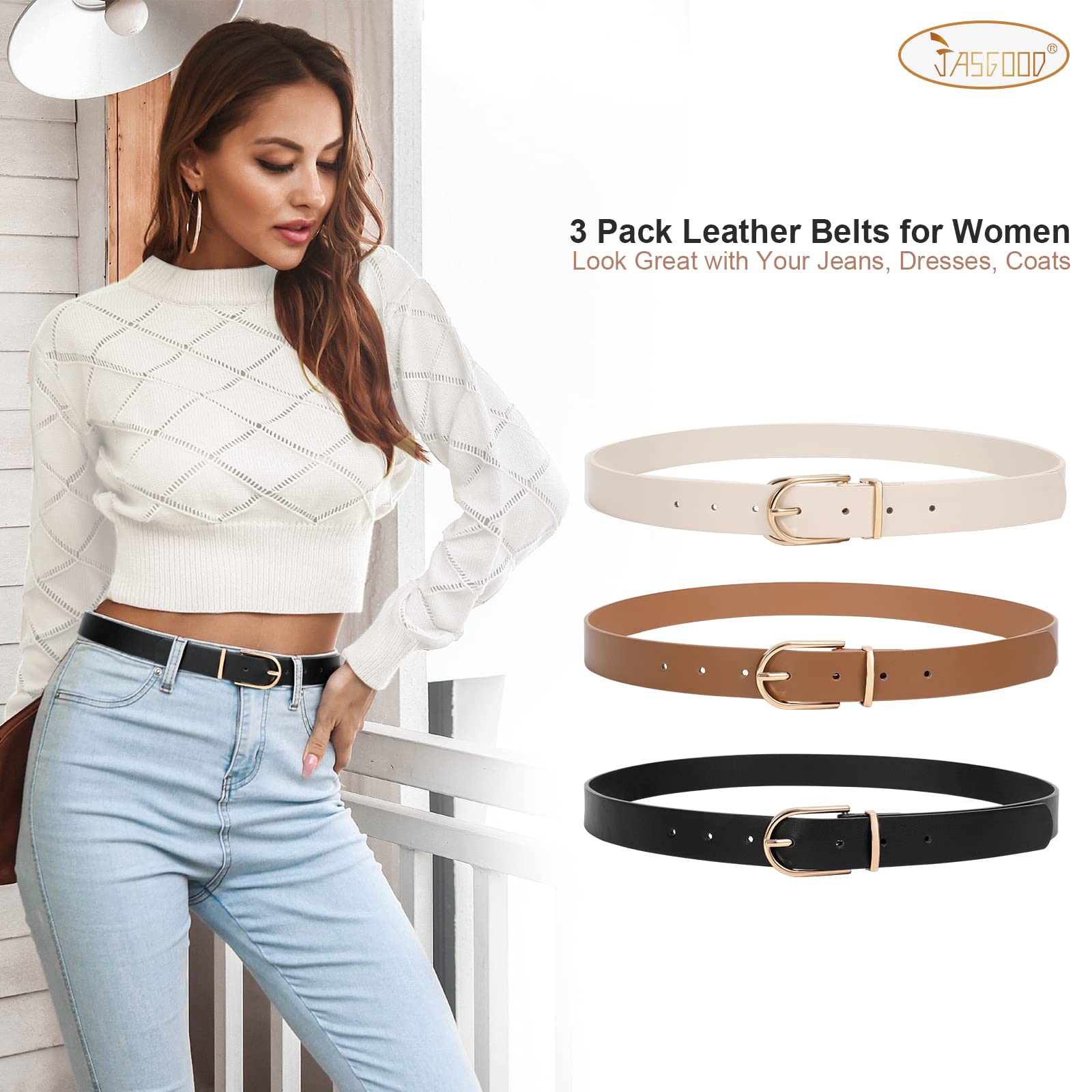 JASGOOD Women’s Leather Belts for Jeans Pants Fashion Ladies Belt with Gold Buckle - JASGOOD OFFICIAL