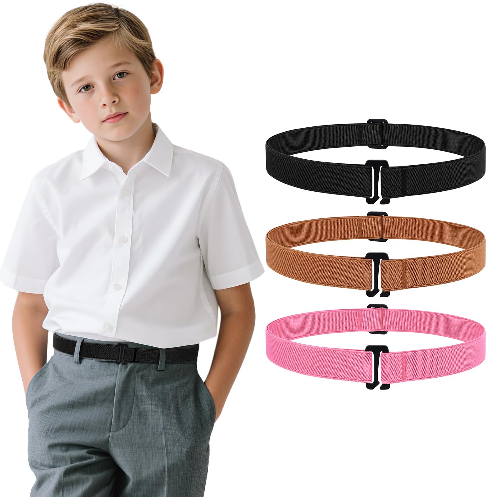 JASGOOD 3 Pack Kids No Show Stretch Belt for Boys Girls Jeans invisible Nickel Free Elastic Belt with Flat Buckle