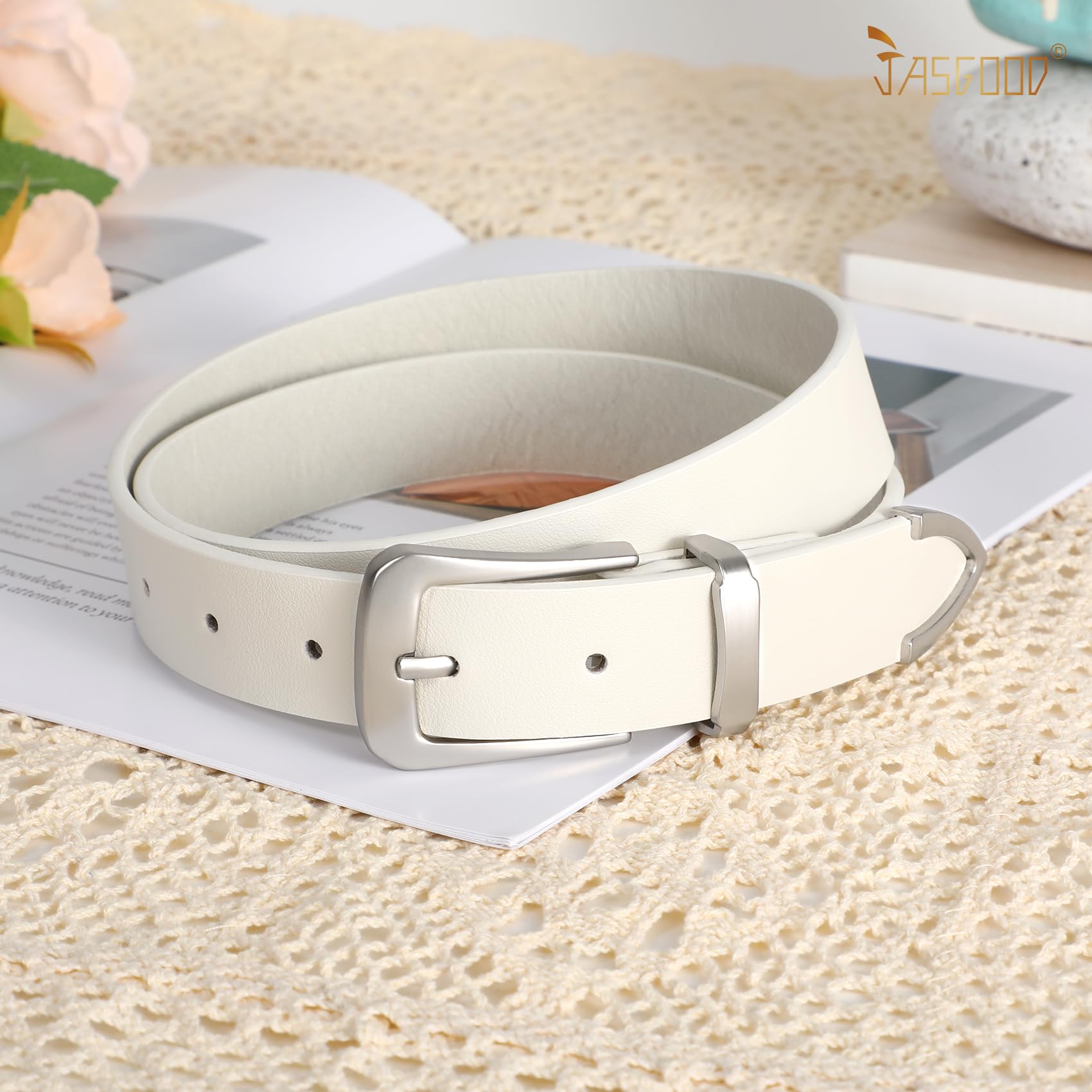 JASGOOD Women Leather Belt for Jeans Pants Ladies Waist Belt for Dress with Silver Buckle