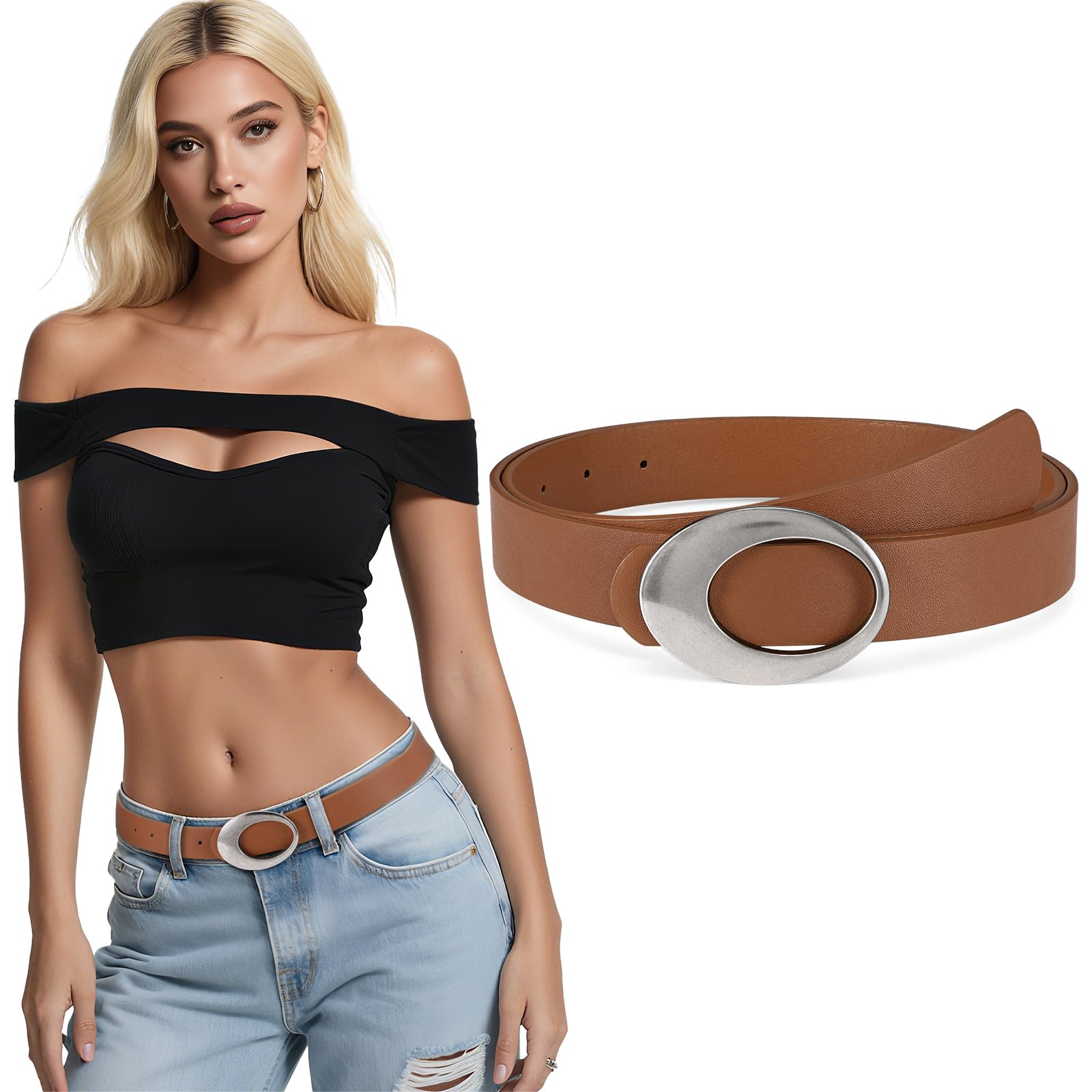 JASGOOD Women Leather Belt with Timeless Oval Silver Buckle Trendy PU Leather Waist Belt for Ladies Jeans Dress Pants