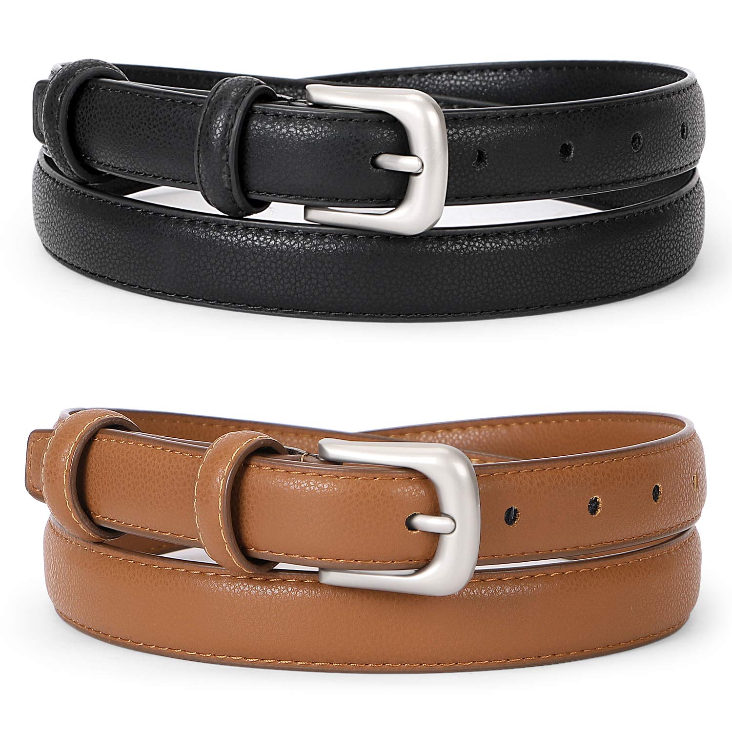 WERFORU 2 Pack Women Leather Belt for Pants Jeans Skinny Waist Belts for Dress Casual Ladies Belt Solid Pin Buckle